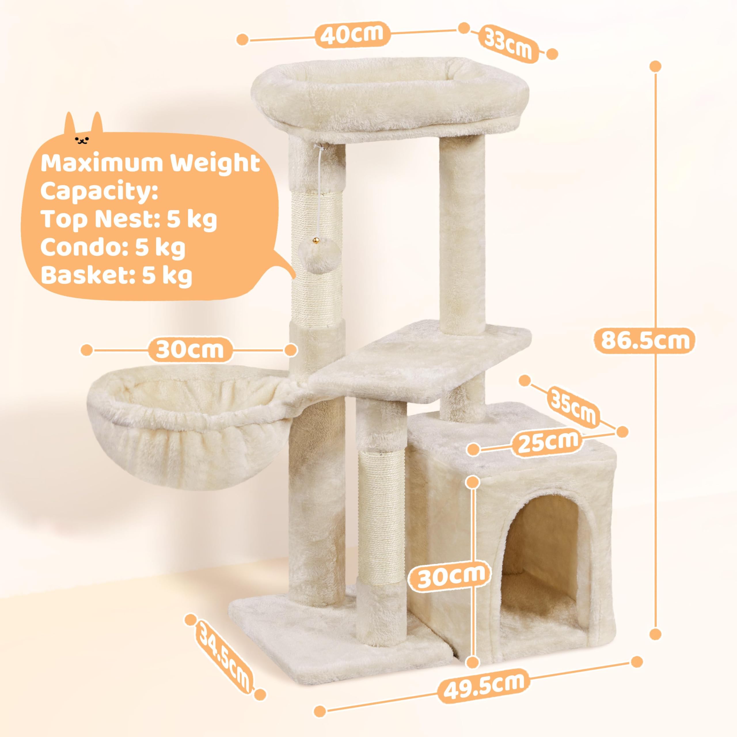 Abician Arbre à Chat Arbre à Grimper Hauteur 96cm Tour de Jeu avec Poteaux Griffoir Cordes Sisal Cachette Panier Niche Beige