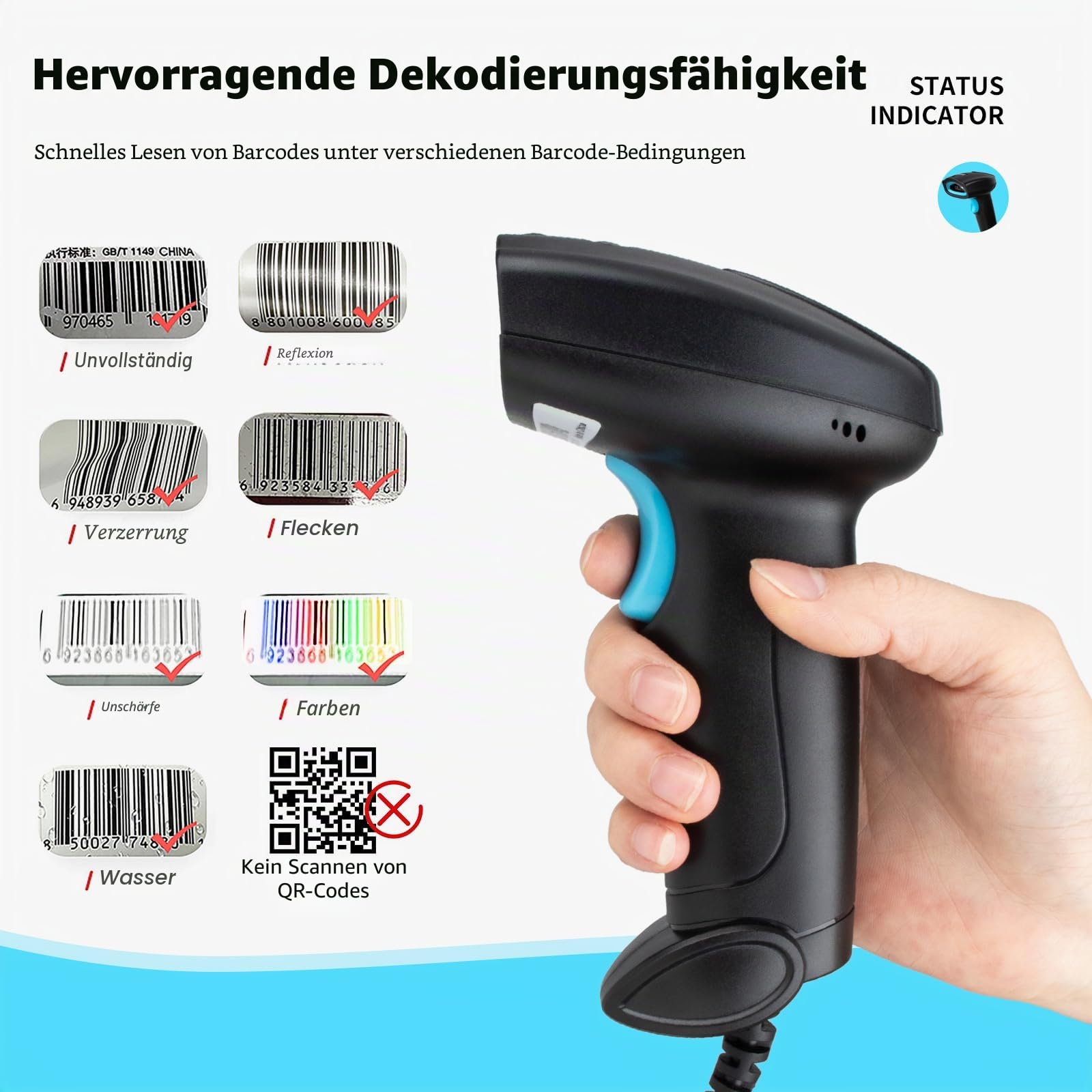 Barcode Scanner USB Kabelgebunden 1D CCD Handscanner mit Bildschirm-Scan, Plug & Play Barcodeleser für PC, Kasse, Supermarkt, Lager und Einzelhandel-U1