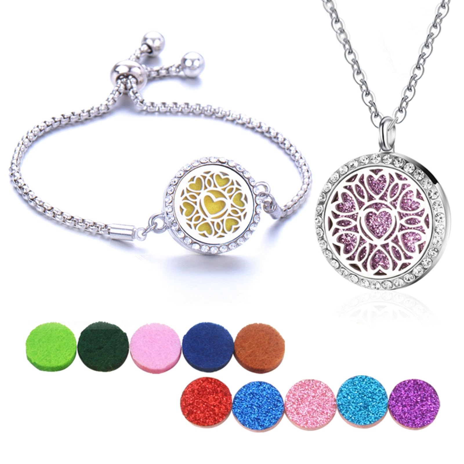 RIXERKOCAromatherapy Diffuser Essential Oil Bracelet Necklace Set, Adjustable Diffuser Locket Pendant Set of 10 Refill Pads for Women Girls (Love)