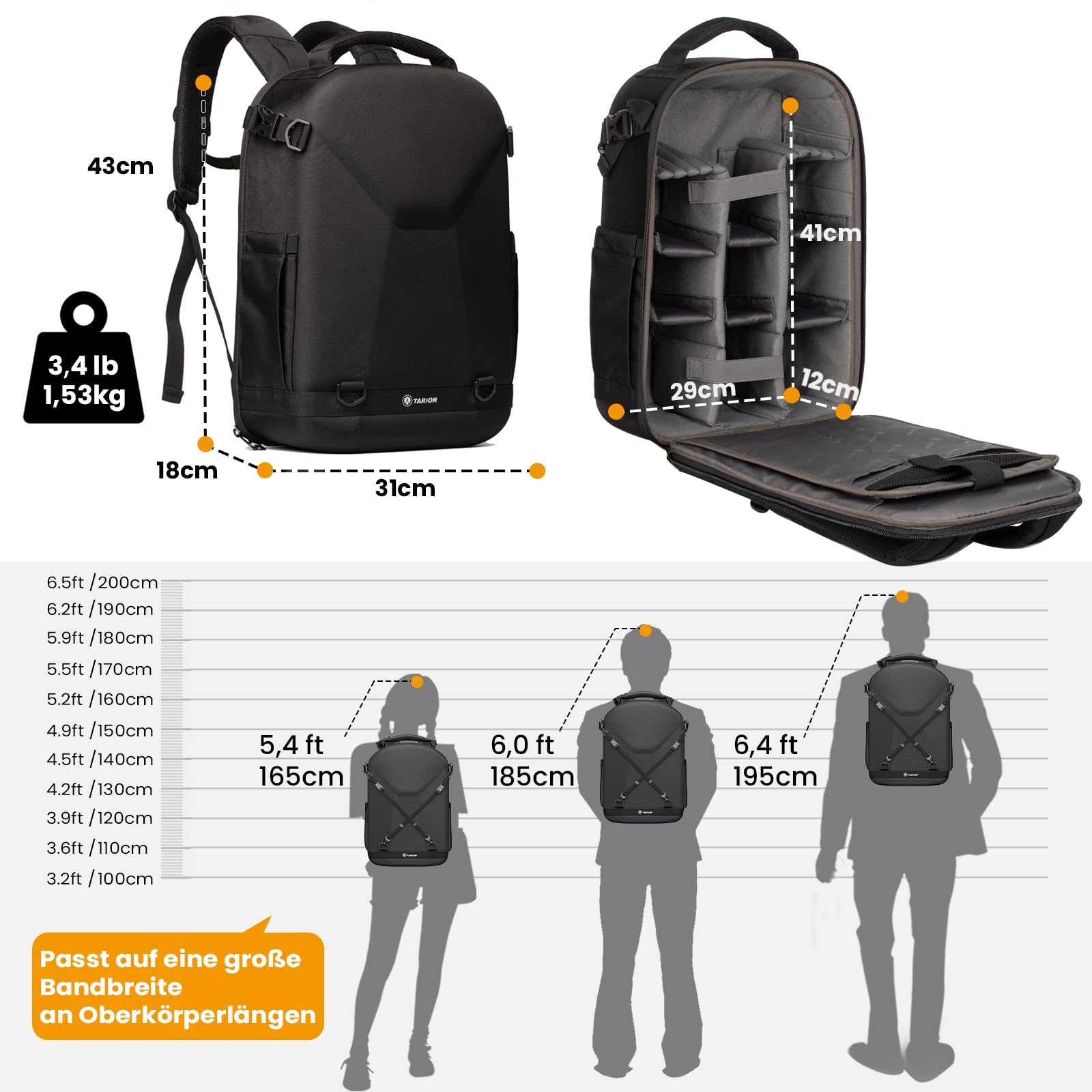 TARION Kamerarucksack, Fotorucksack mit Hartschalen, Stoßfest, wasser- und abriebfeste Kameratasche mit 14,5 Zoll Laptopfach, DSLR Rucksack für Drohnen, Spiegelreflexkameras und Zubehör