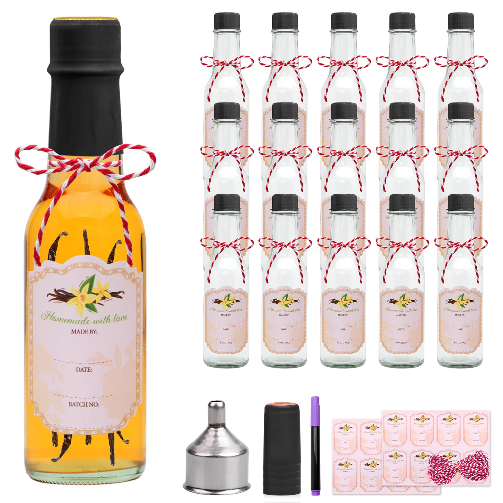 5oz Hot Sauce Bottles With Lids - Clear Woozy With Shrink Capsules, Small Wine Making and Vanilla Extract Glass Bottles - Black Caps Set of 16