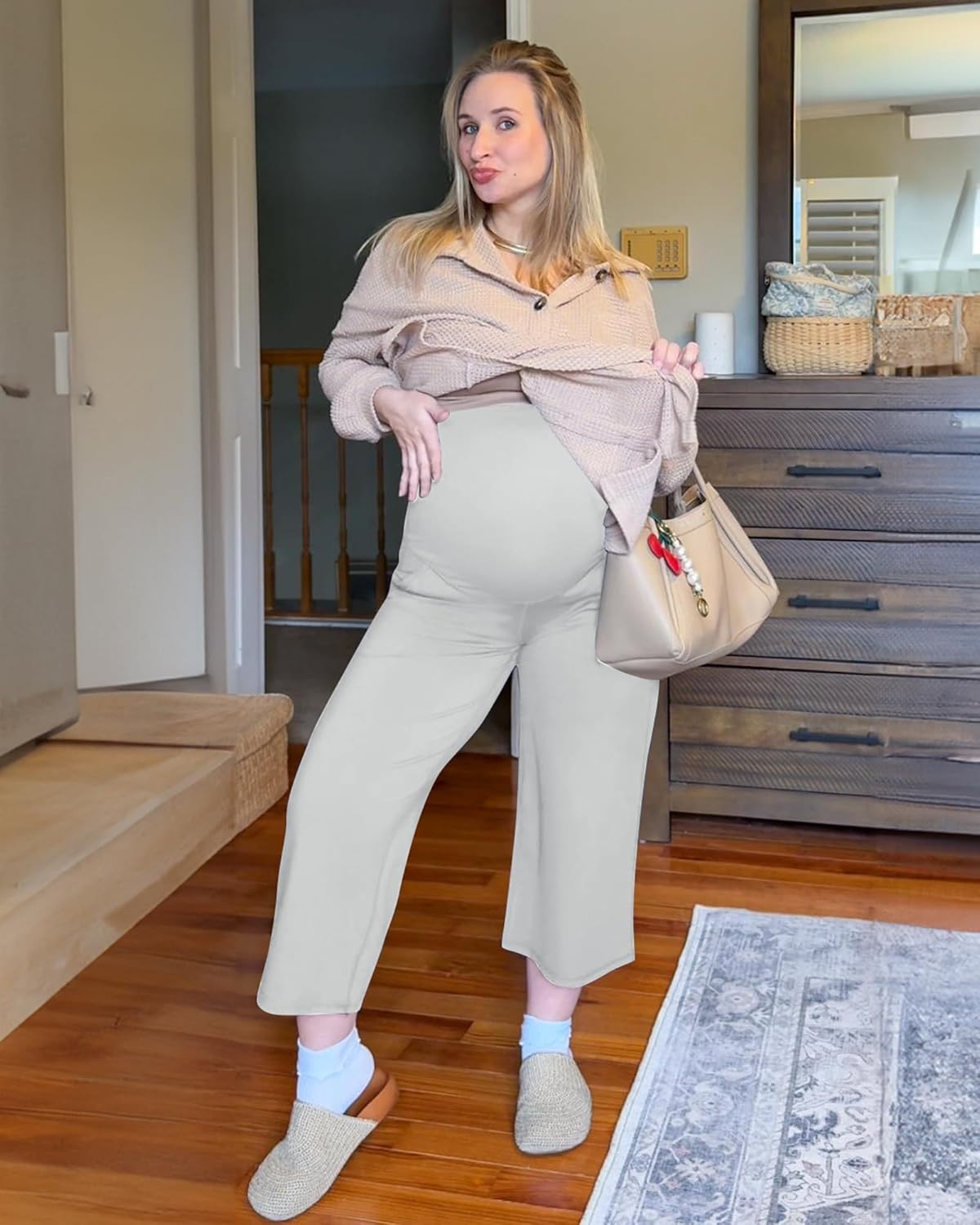 G4Free EverGoing Maternity Yoga Capris Over The Belly Stretch Wide Leg Pregnancy Cropped Pants with Pockets 19‘’/21''/23''