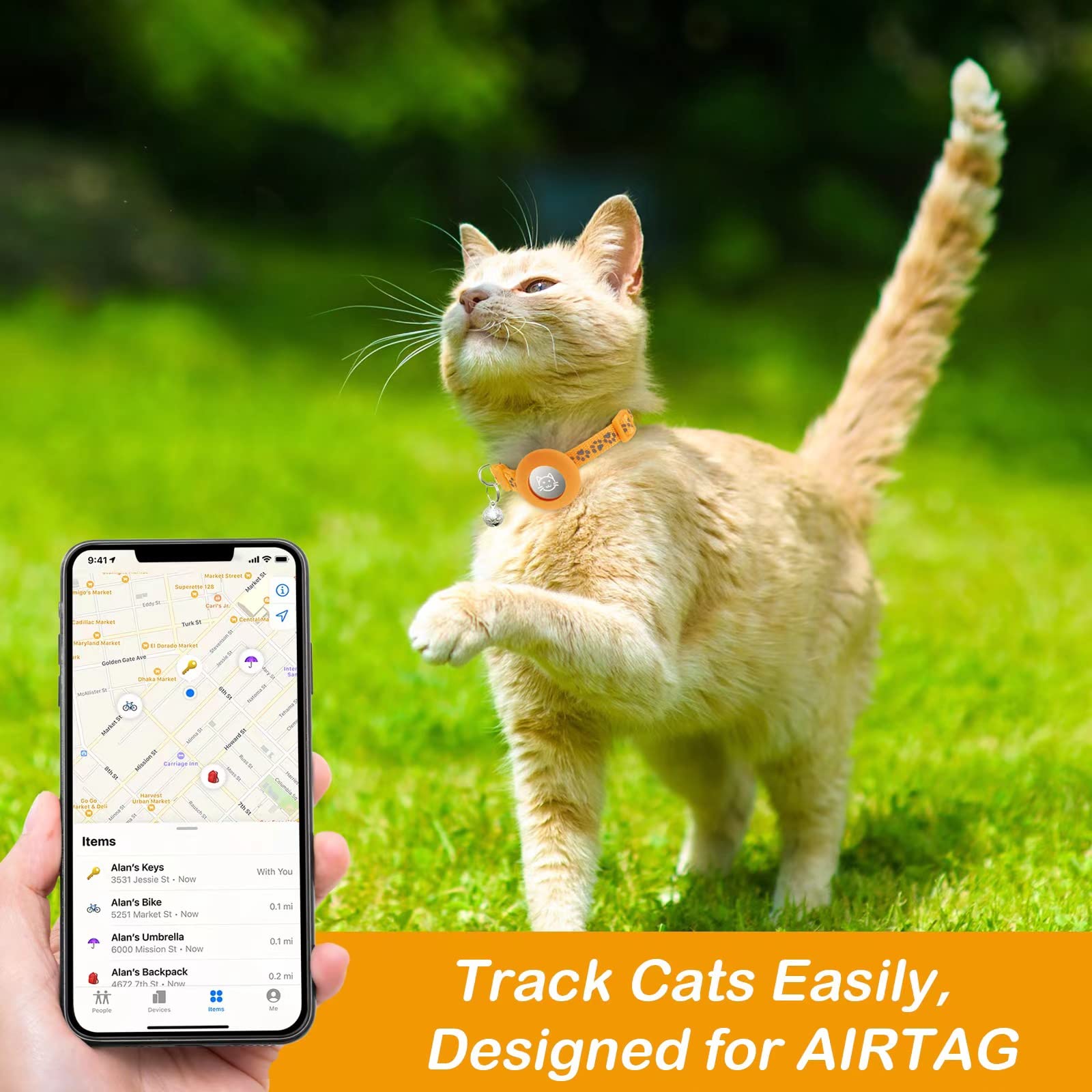 Collare con Fibbia di Sicurezza per Gattini e Cani di Piccola Taglia, Airtag GPS non Incluso,Arancione