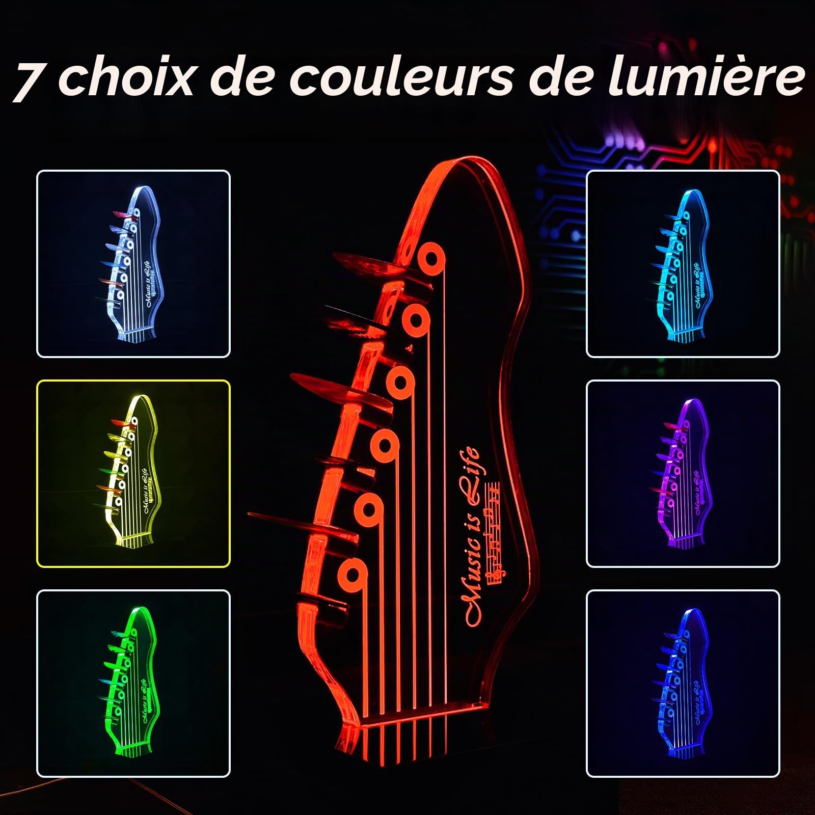 Support de médiator lumineux avec 7 couleurs changeantes, alimentation USB, affichage de rangement à DEL et veilleuse, peut contenir 6 médiators, décoration de chambre cool pour guitaristes, cadeau