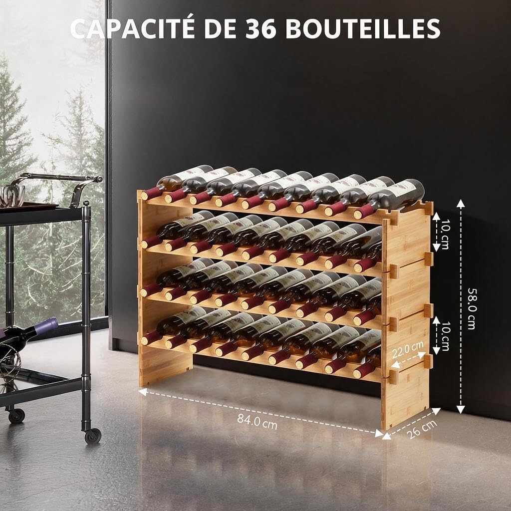Casier à Vin En Bambou Modulable Empilable, Porte‑Bouteilles Sur Pied