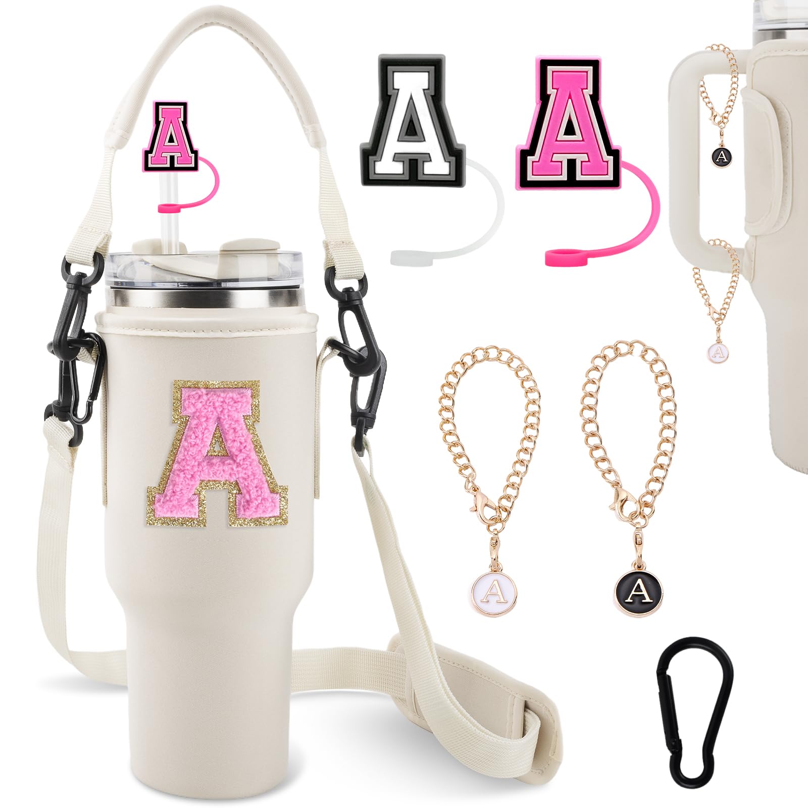 Initial A-Z Water Bottle Carrier Bag with Strap for Stanley 40oz Tumbler with 2 Letter Stanley Straw Topper Covers & 2 Letter Charm,Personalized Water Bottle Holder for Stanley Cup Accessories,Beige-A