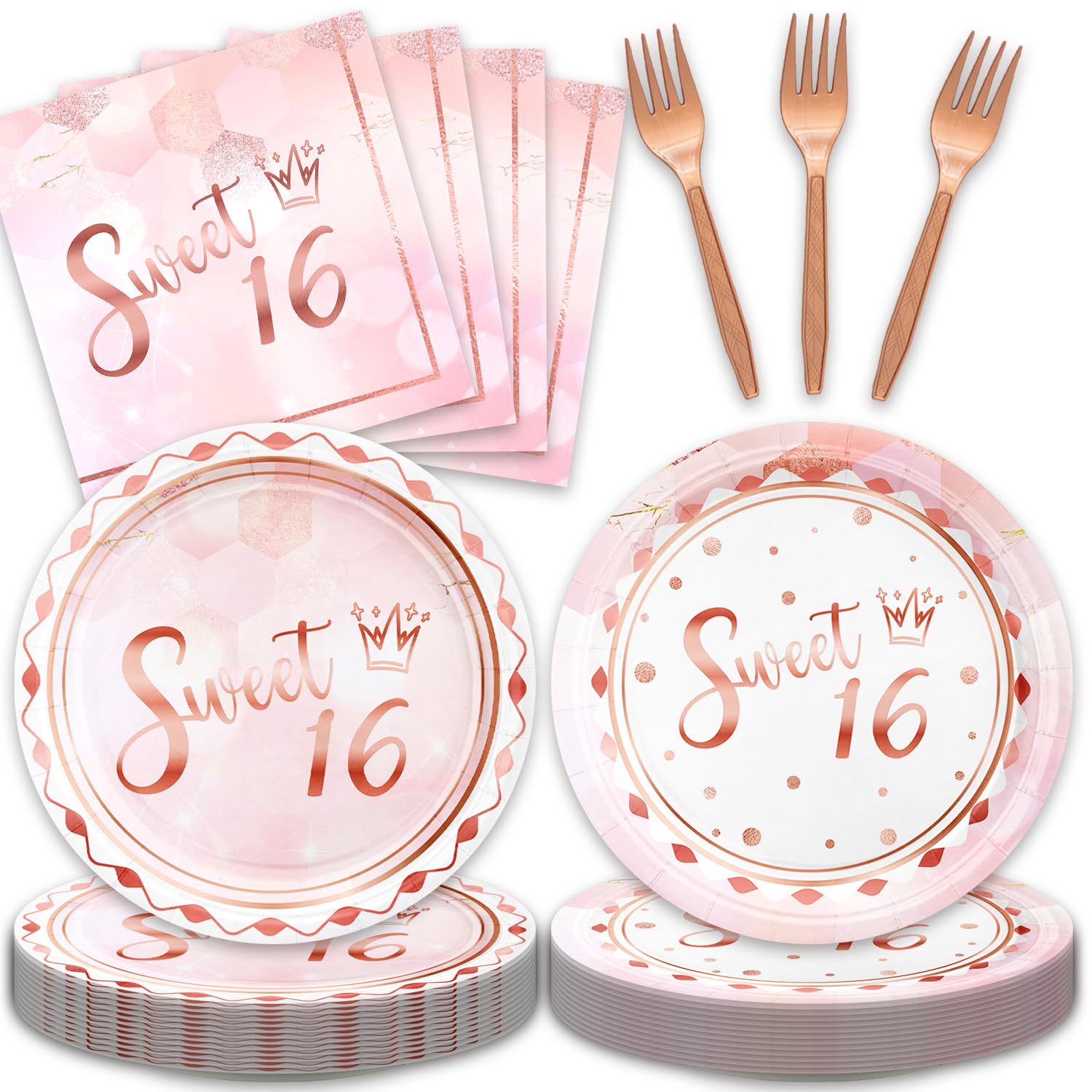 48pcs Sweet 16 Party Decoration Set,16 Dessert Plate,16 Napkin and 16 Fork,Sweet 16 Disposable Tableware for 16 Persons,Used for Pink Rose Gold 16