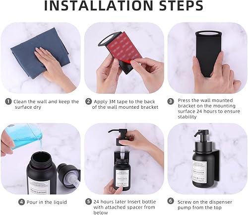 Miniatura 4 de Juego de 2 dispensadores de jabón de ducha negro con bombas y soporte de pared sin taladros, dispensadores de jabón de manos de 8.5 onzas con