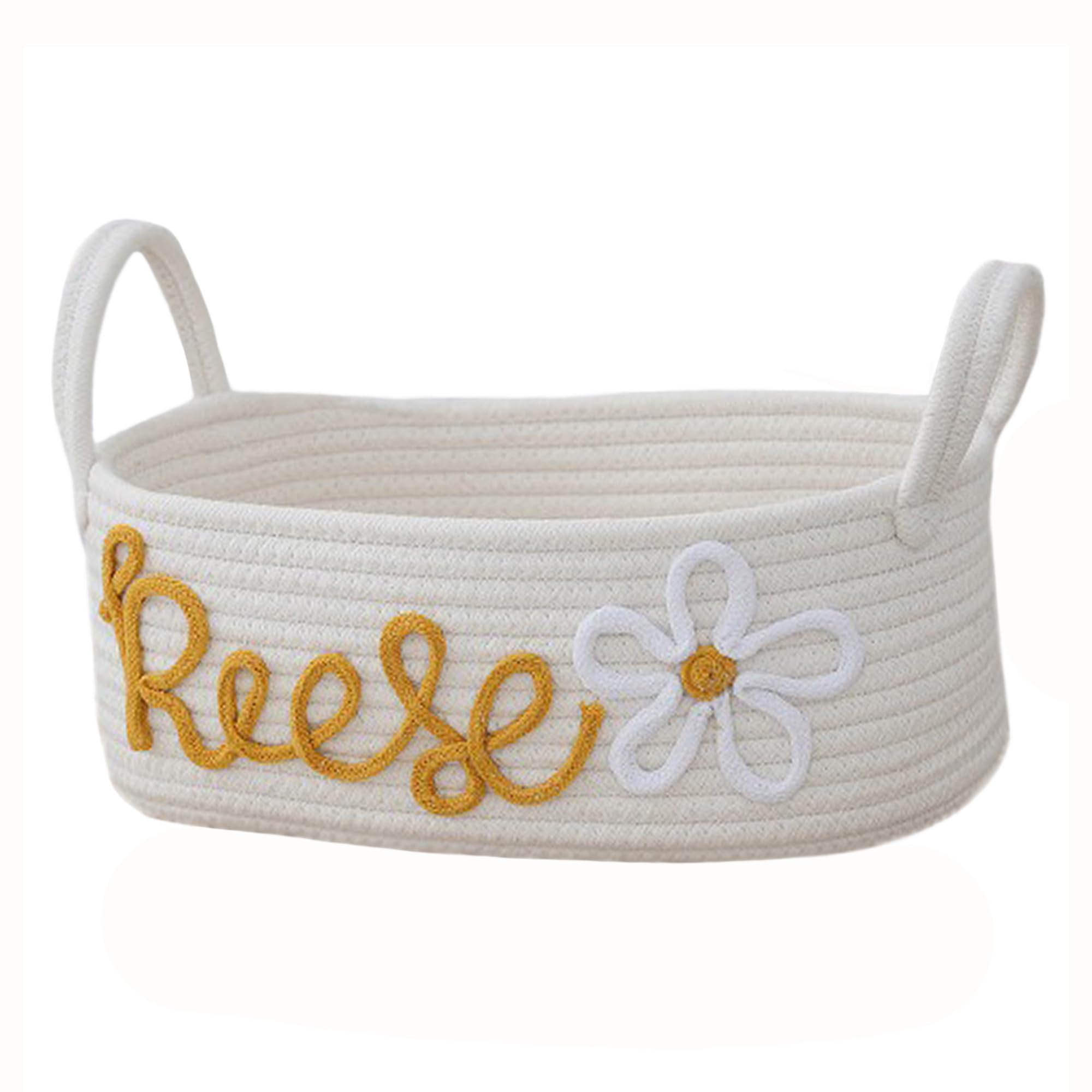 Custom Baby Name Clothes Baskets,Personalized Cute Woven Diaper Basket for newborn,Cotton Round organizer (White - M)