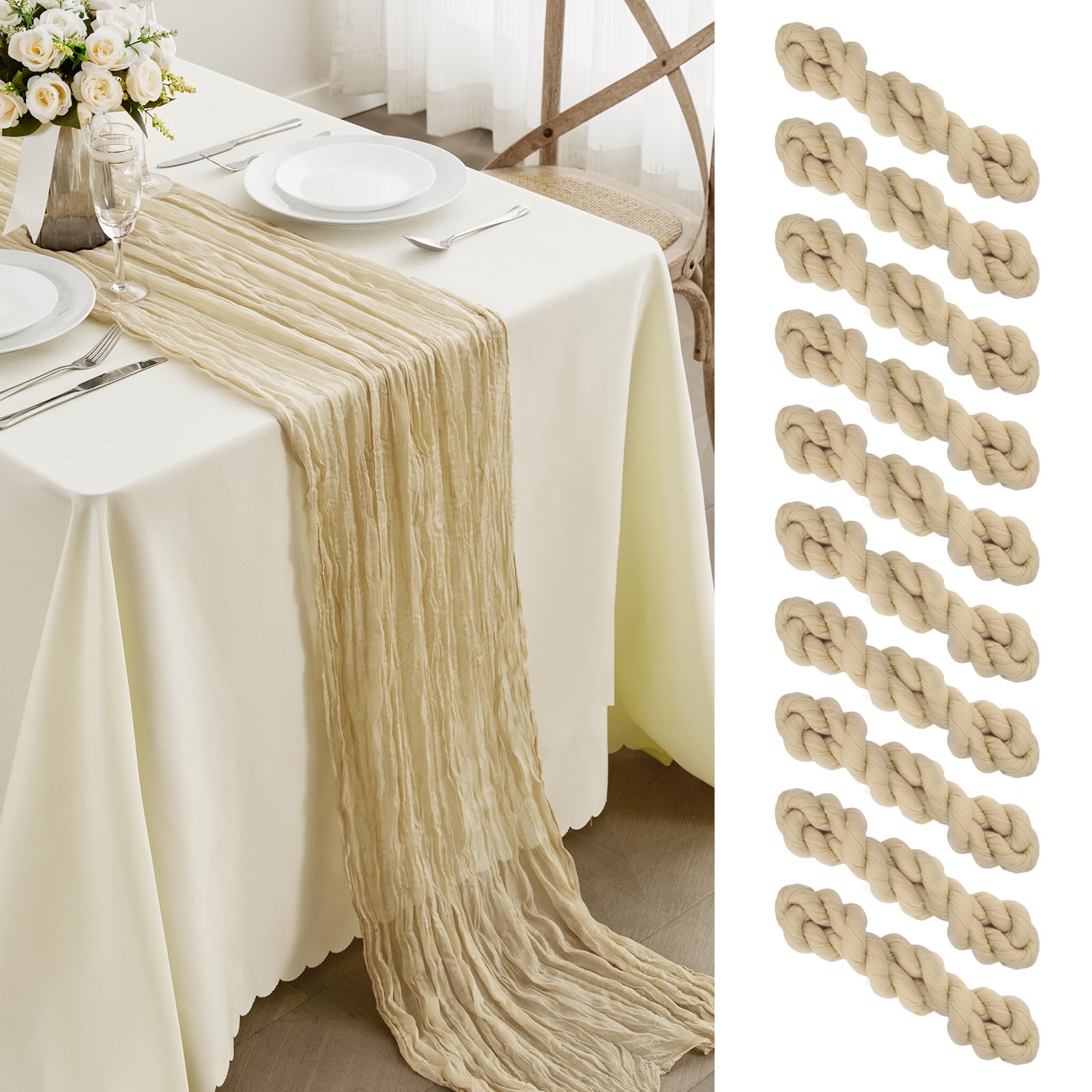 10 Pack Cheesecloth Table Runner - 13.3Ft Beige Boho Gauze Cheese Cloth Table Runner 35x160 Inch Long Romantic Sheer Table Runner for Wedding Bridal Baby Shower Birthday Party Table Decoration