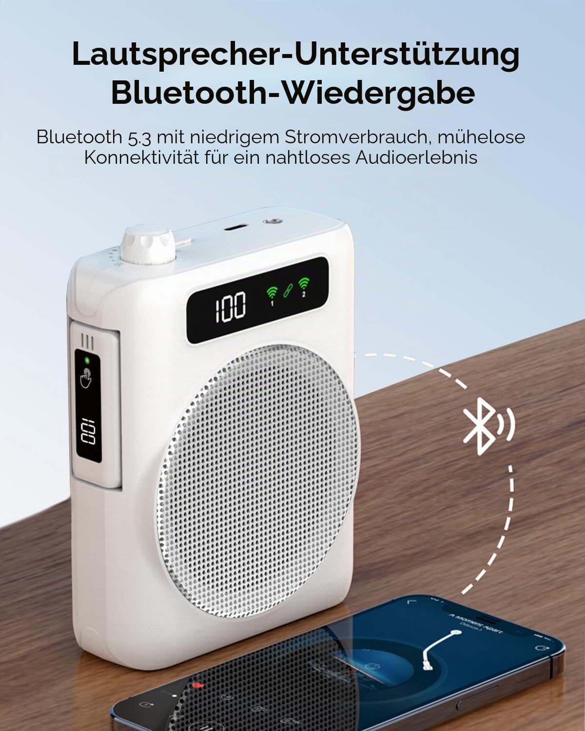 Sprachverstärker mit mikrofon,Sprachverstärker Tragbar mit 2 drahtlosen Lavalier Mikrofons,Kabellos Sprachverstärker Bluetooth, Lautsprecher mit Mikrofon für Lehrer, Reiseleiter, Trainer (weiß‌)