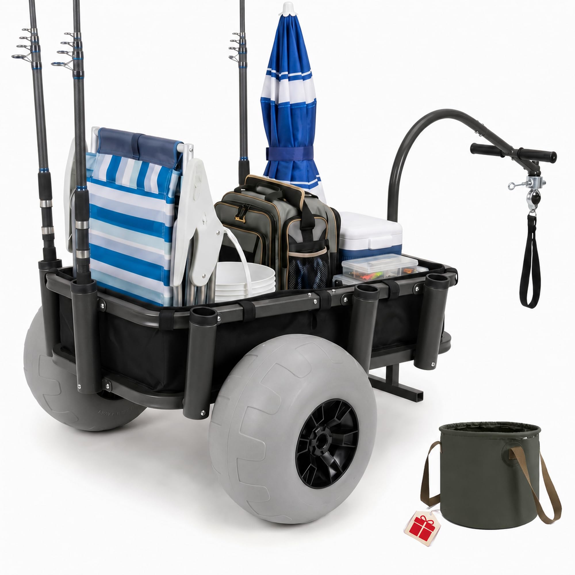 PYY Beach Fishing Cart - 550LB Load Capacity Fishing Cart with Reinforced Frame, 13" Big Wheels PU Balloon Tires for Sand, Fishing Wagon with 7 Rod Holders, Foldable Bucket for Beach, Lake (Black)