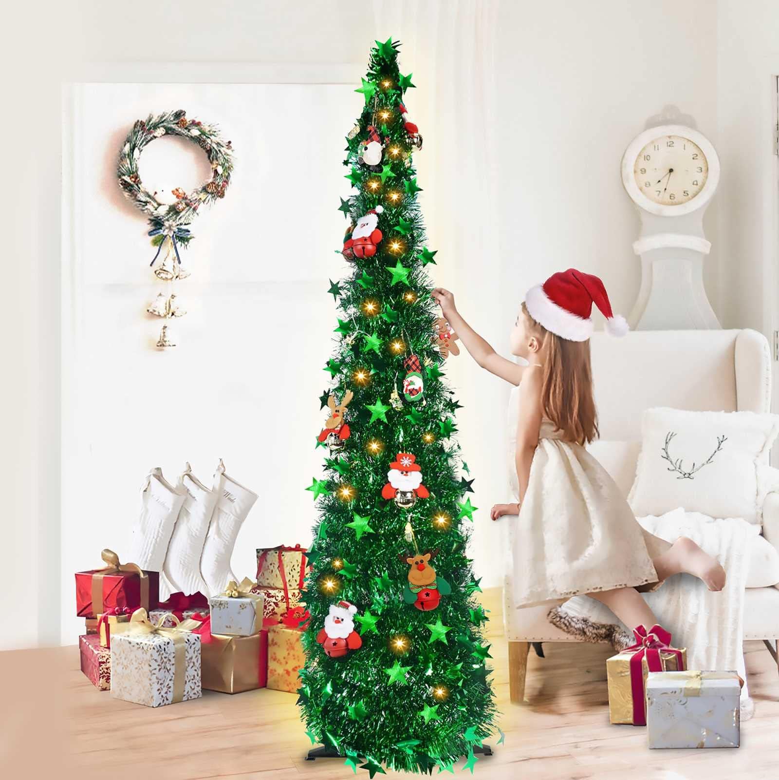 Party Spot! 5FT pre-lit Christmas Tree, Artificial Collapsible Pencil Xmas Tree with ly Snowflake led Lights and 6 Wooden Ornaments for Holiday Carnival Party Decorations Indoor or Outdoor