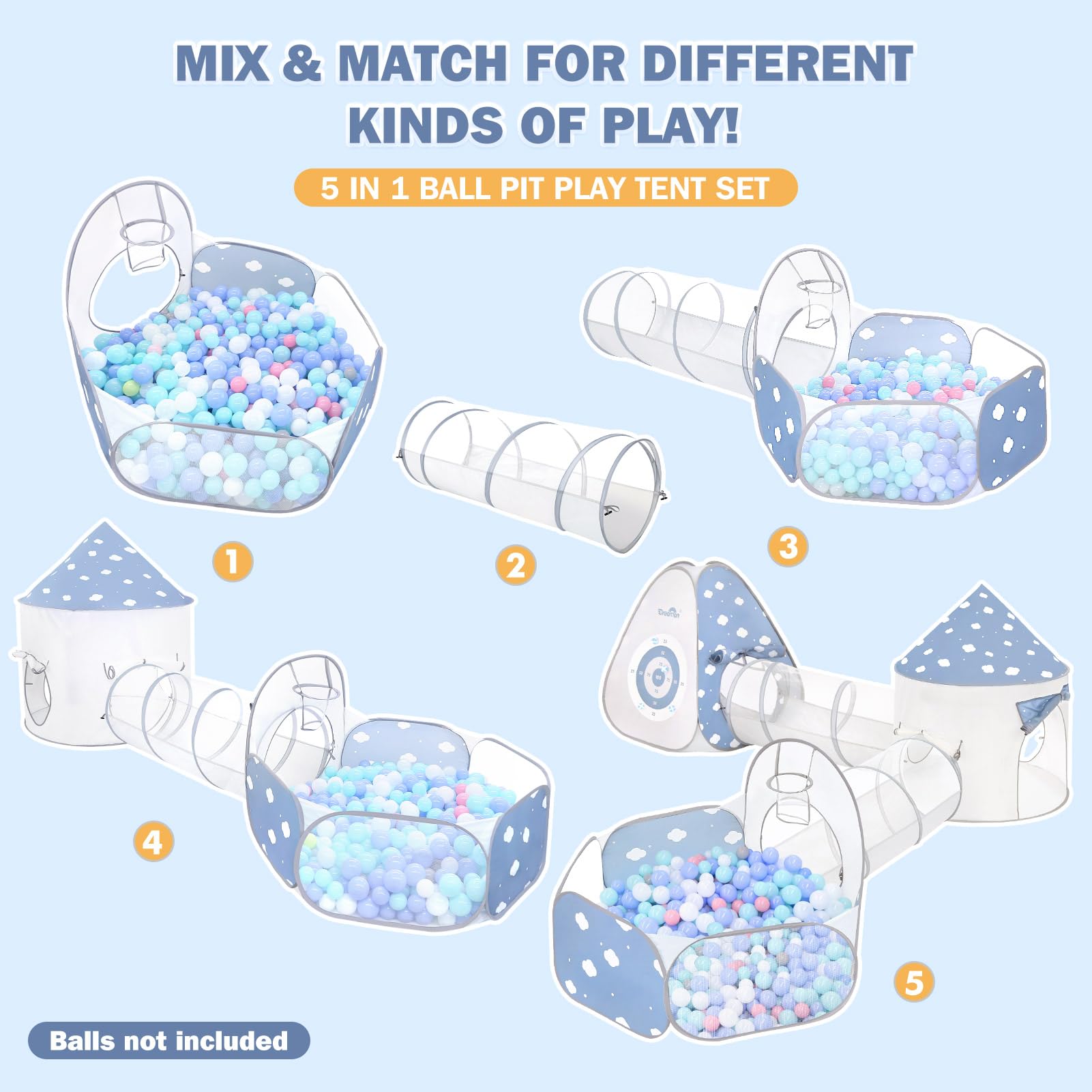 Dreamon 5 in 1 Kids Play Tent with Tunnel, Pop Up Play Tent with Ball Pits for Toddlers, Foldable Kids Tunnel with Carry Bag and Basketball Hoop, Toddler Tents Indoor & Outdoor