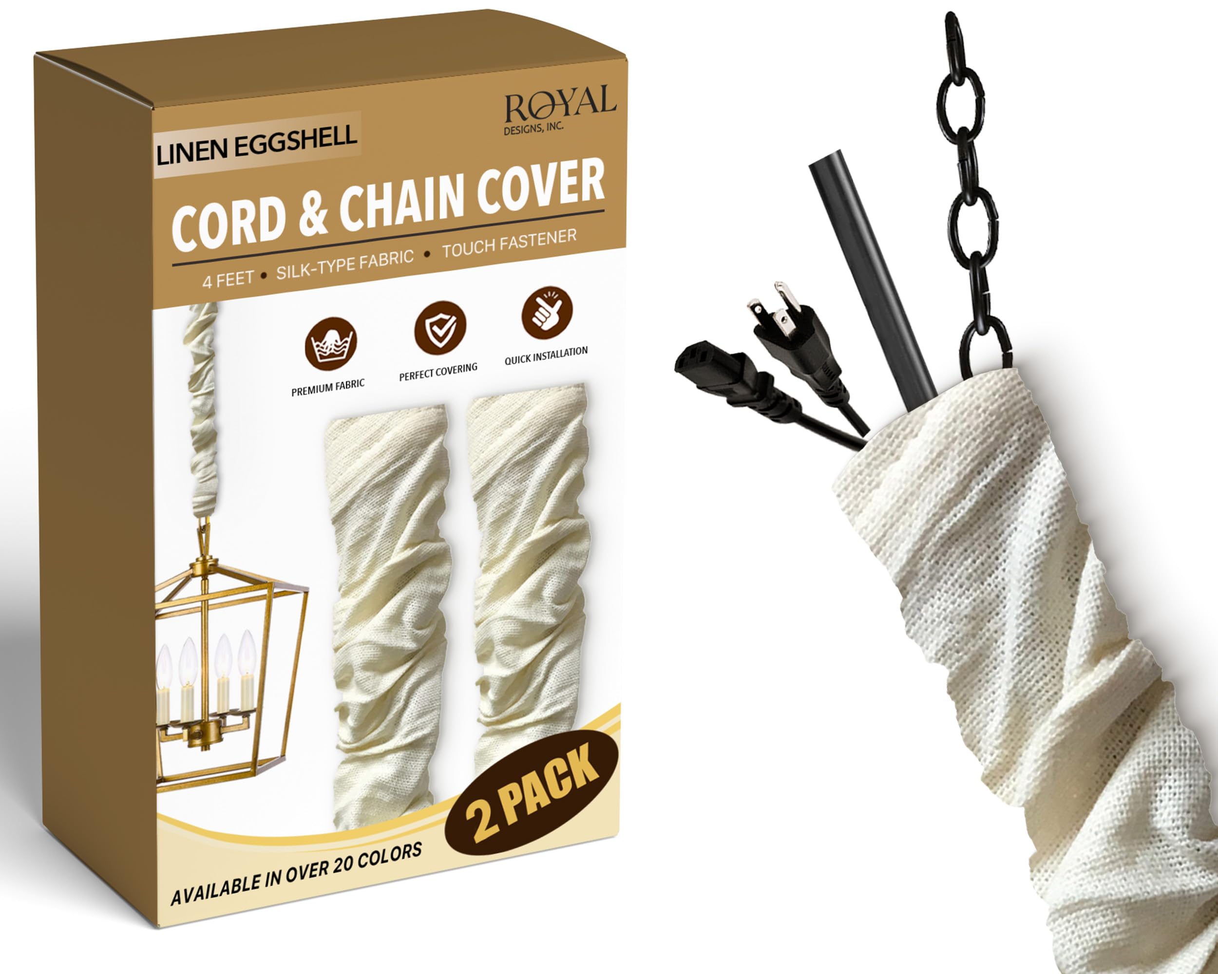 Royal Designs, Inc. Cord &amp; Chain Cover 4 ft Silk Type Fabric, Chandelier Pendant Lighting Chain &amp; Cable Management, Touch Fastener, Linen Eggshell - 2 Pack
