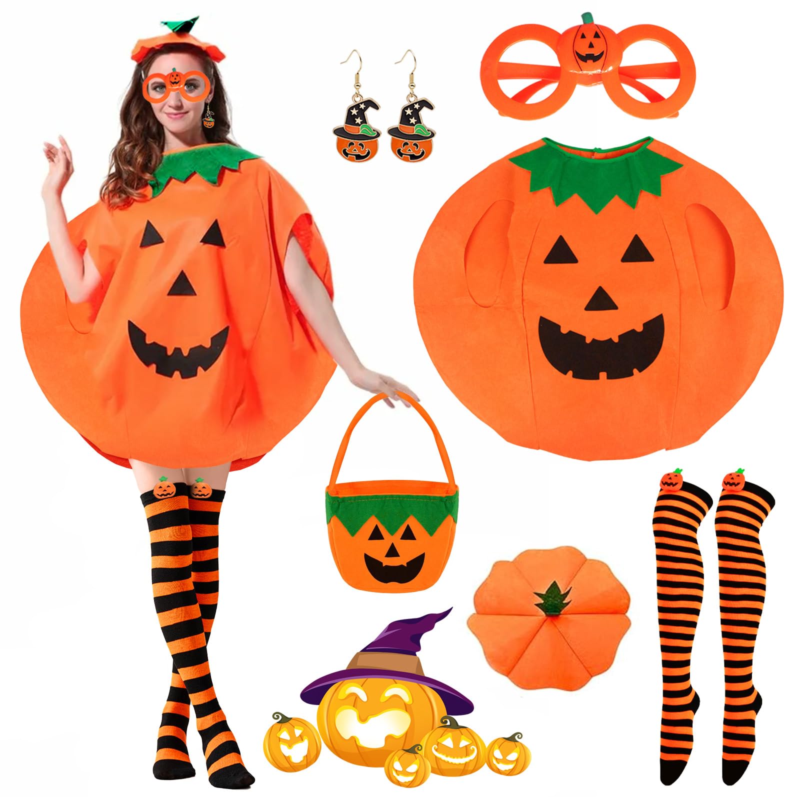 71Nmly 6 PCS Halloween Pumpkin Costume Set for Adult Kids Womens Pumpkin Halloween Costume Outfit with Candy Bag Hat Stockings Earrings Glasses Girls Ladies Female Fancy Dress for Cosplay Party