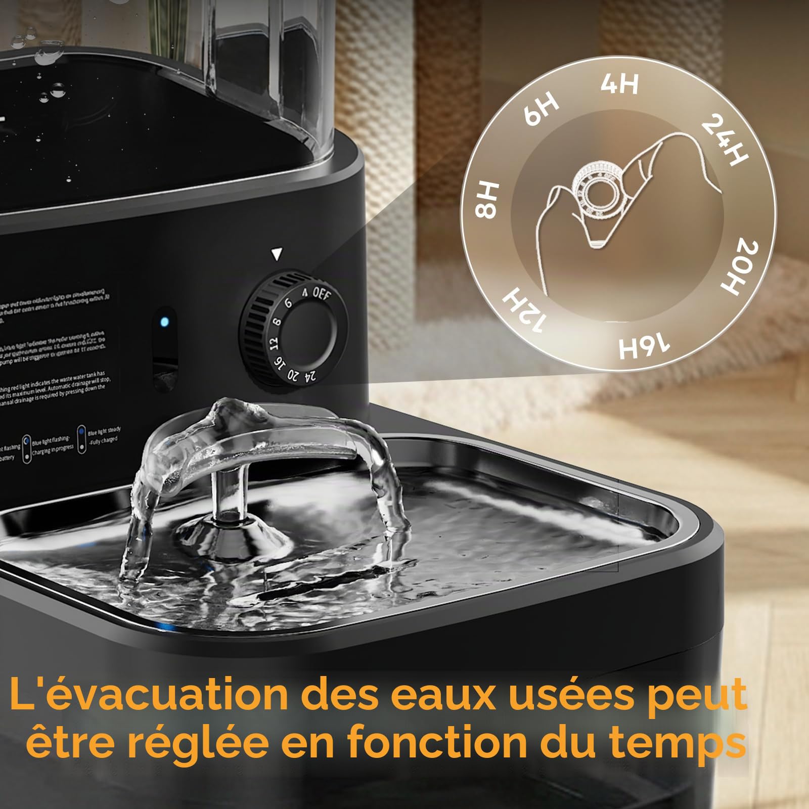 Fontaine a Eau pour Animaux sans Fil et sans Filtre | Séparation de l'Eau Propre et de l'Eau Usée, Bol en Acier Inoxydable, Batterie 4000mAh, Grande Capacité 3L, Noir