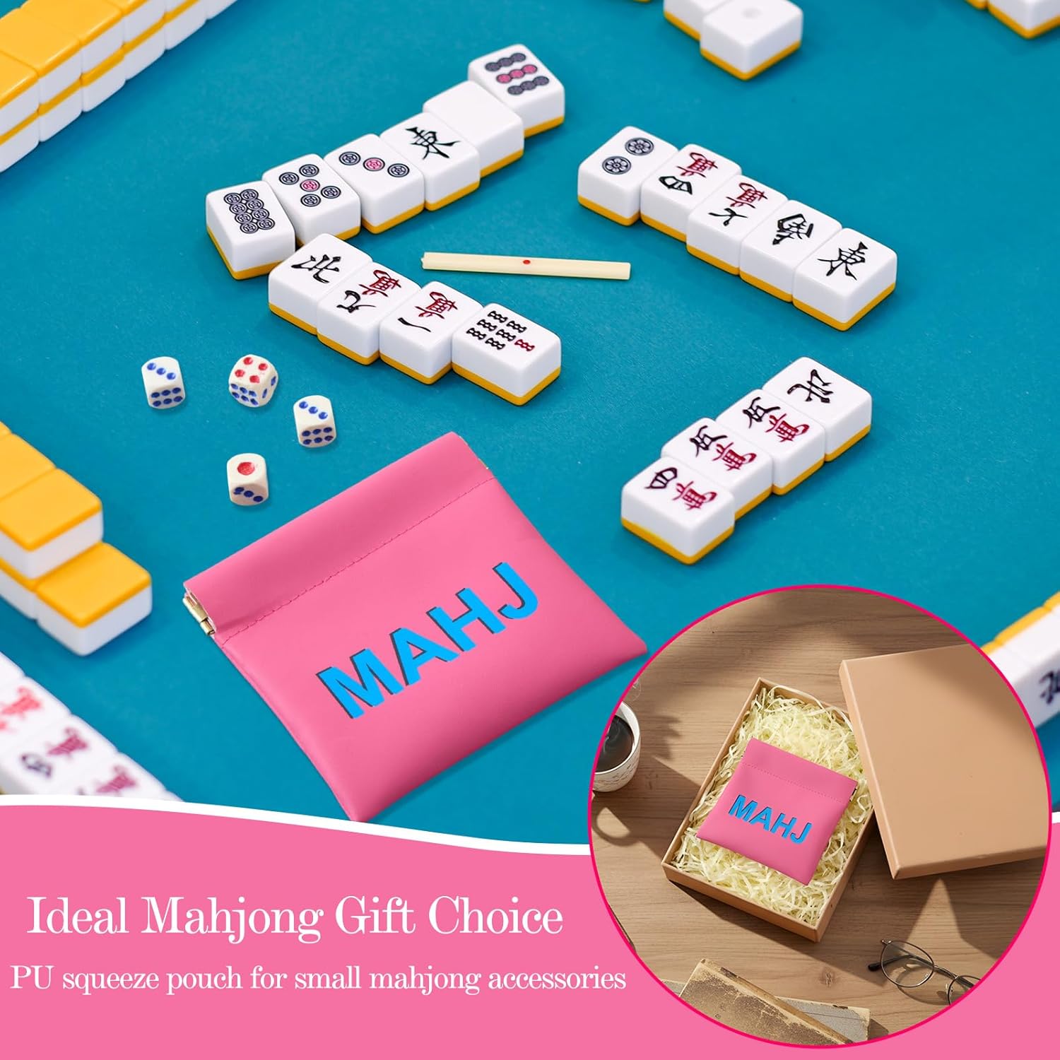 Mahjong Dice Bags 3.8 x 3.9 in PU Squeeze Mahjong Pouch Mini Dice Coin Tiles Purse for Board Game Party Travel(Pink,1 Pcs)