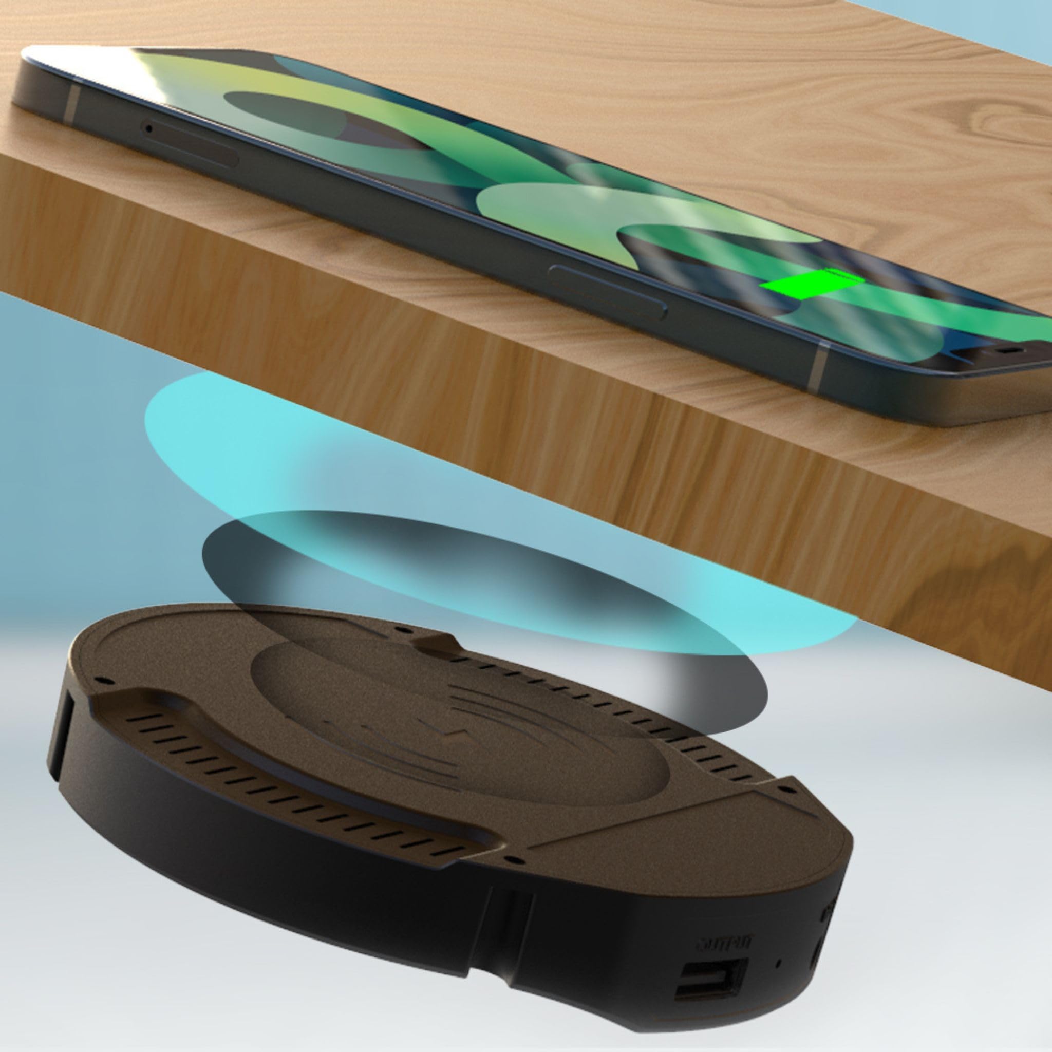 Kalb | DualCharge caricabatterie wireless da 10 W con uscita USB da 15 W, supporto fino a 30 mm, invisibile, caricatore a induzione con ventola, alimentatore di rete, cavo da 1200 mm