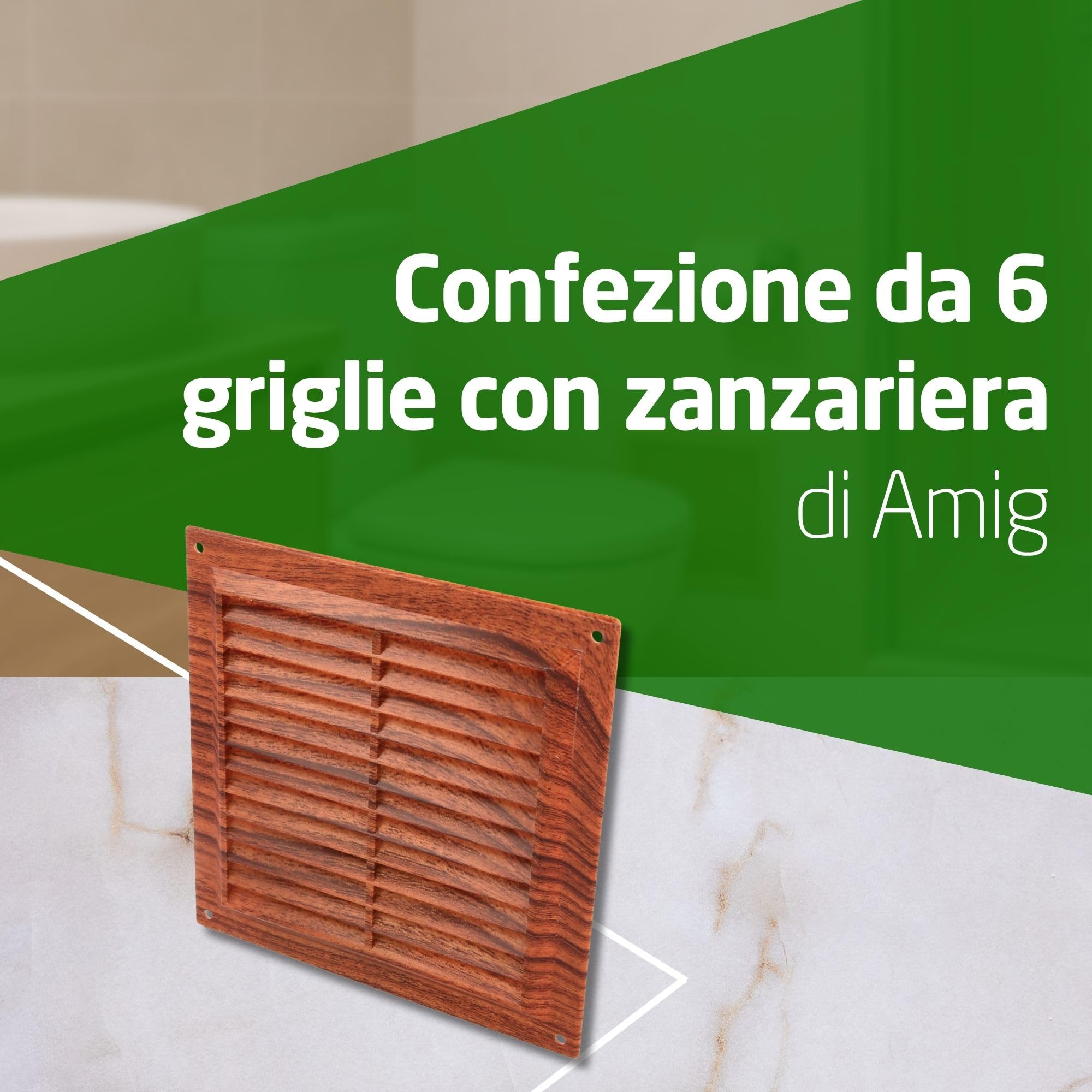 Amig - Set di 6 griglie di ventilazione quadrate in plastica con zanzariera - Per cucina e bagno - 200x200 mm - Sapelli
