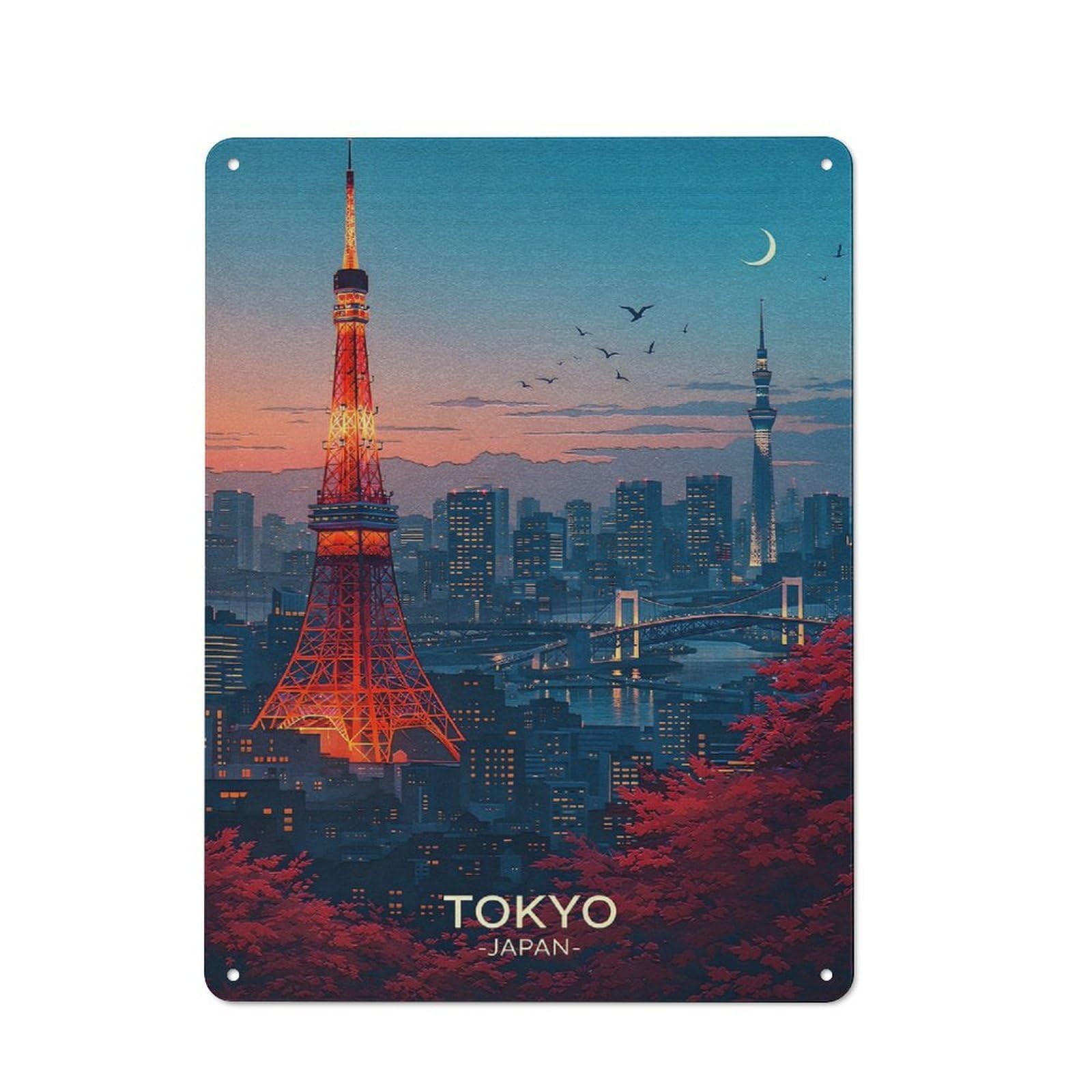 Junmoney Style-13 Tin Wall Plaque 40X30cm With Tokyo Cityscape At Dusk For Hallway Wall, Suited To Hallway Decor Lovers, For Retro Home Interiors