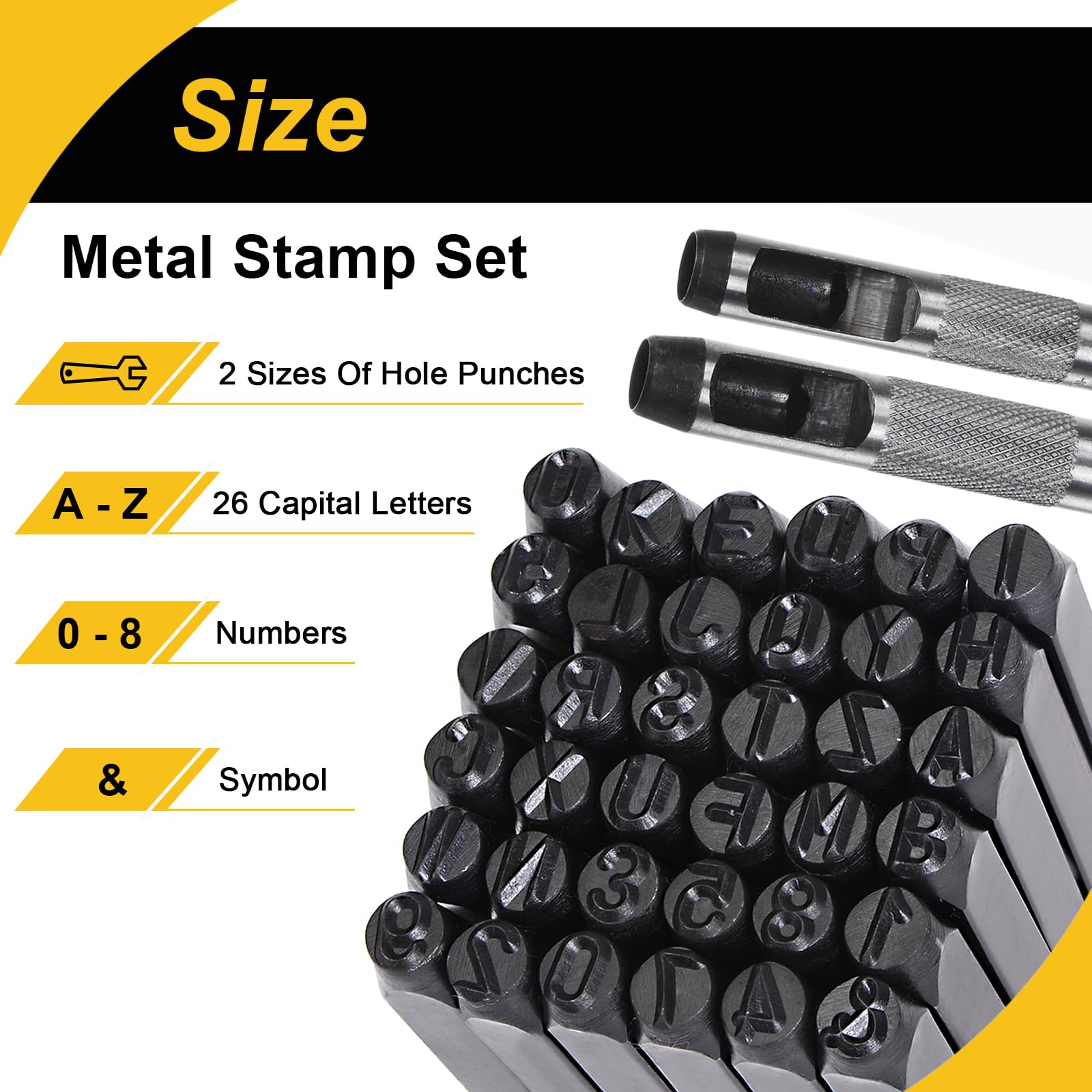Kit de estampado de metal de 1/2 pulgada, juego de 36 sellos de letras de acero con 2 herramientas de perforación, incluye alfabeto A-Z, número 0-8 y símbolo, para manualidades de metal,