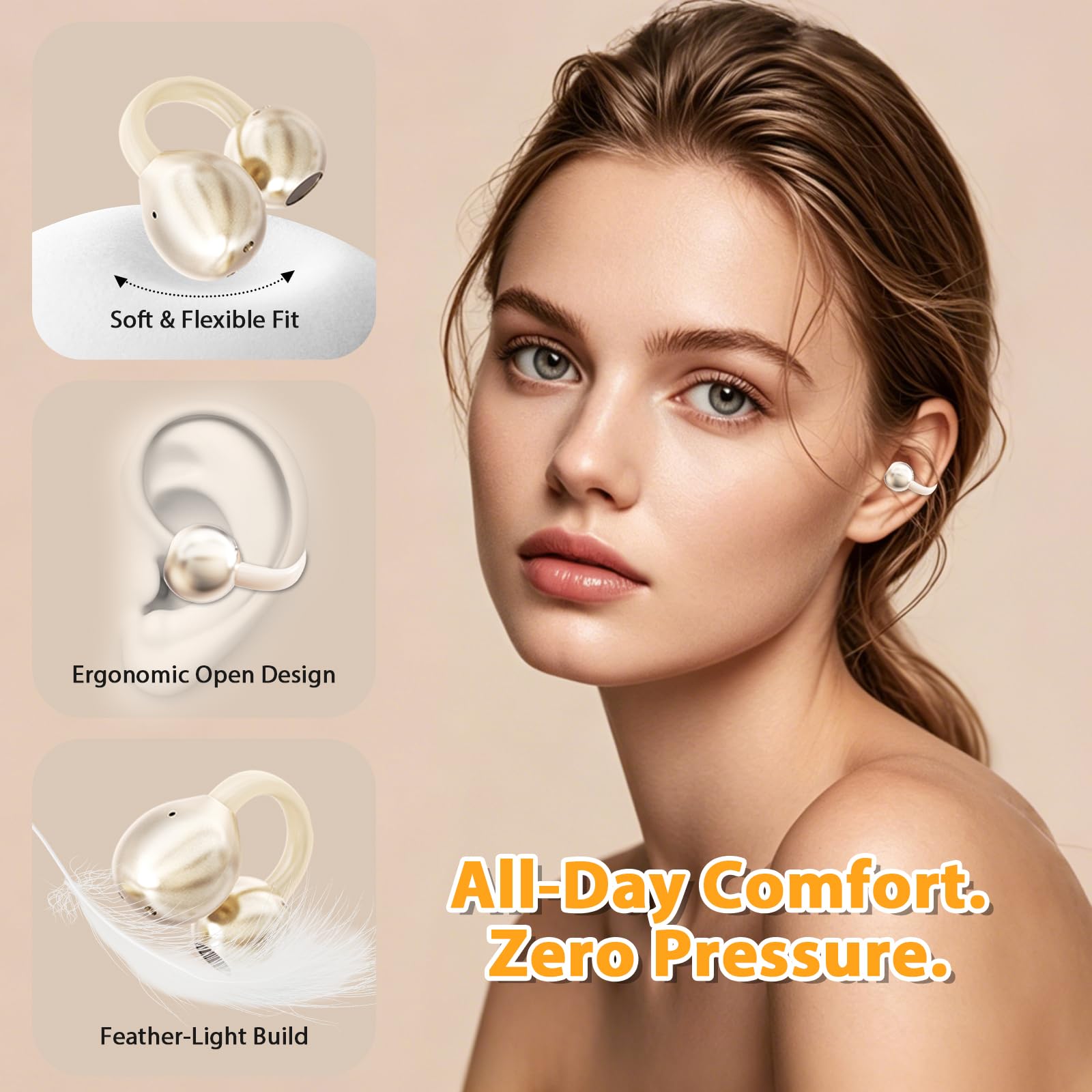 PTHTECHUS Cuffie Conduzione Ossea, Cuffia Aperte Auricolari a Clip Auricolari Bluetooth Sport Clip Aperta Cuffie In-Ear Wireless, Compatibile iOS/Android, 60 ore di Riproduzione, M91 (Oro)