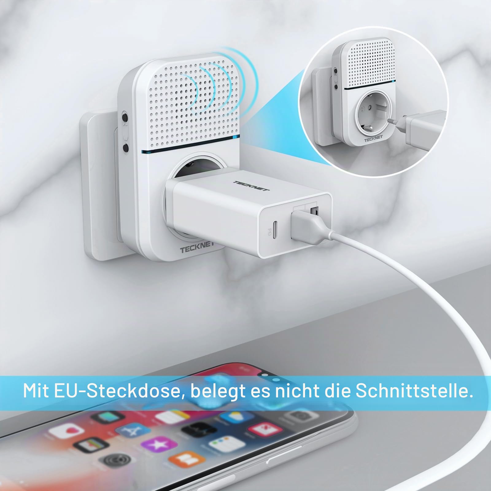 TECKNET Kabellose Türklingel, 400 m, Set mit 1 Klingel + 2 ansteckbaren Empfängern | Wasserdicht IP65, 60 Melodien, 5 Lautstärkestufen, mit Ladefunktion und LED-Licht, für Haus, Büro, Hotel, Weiß