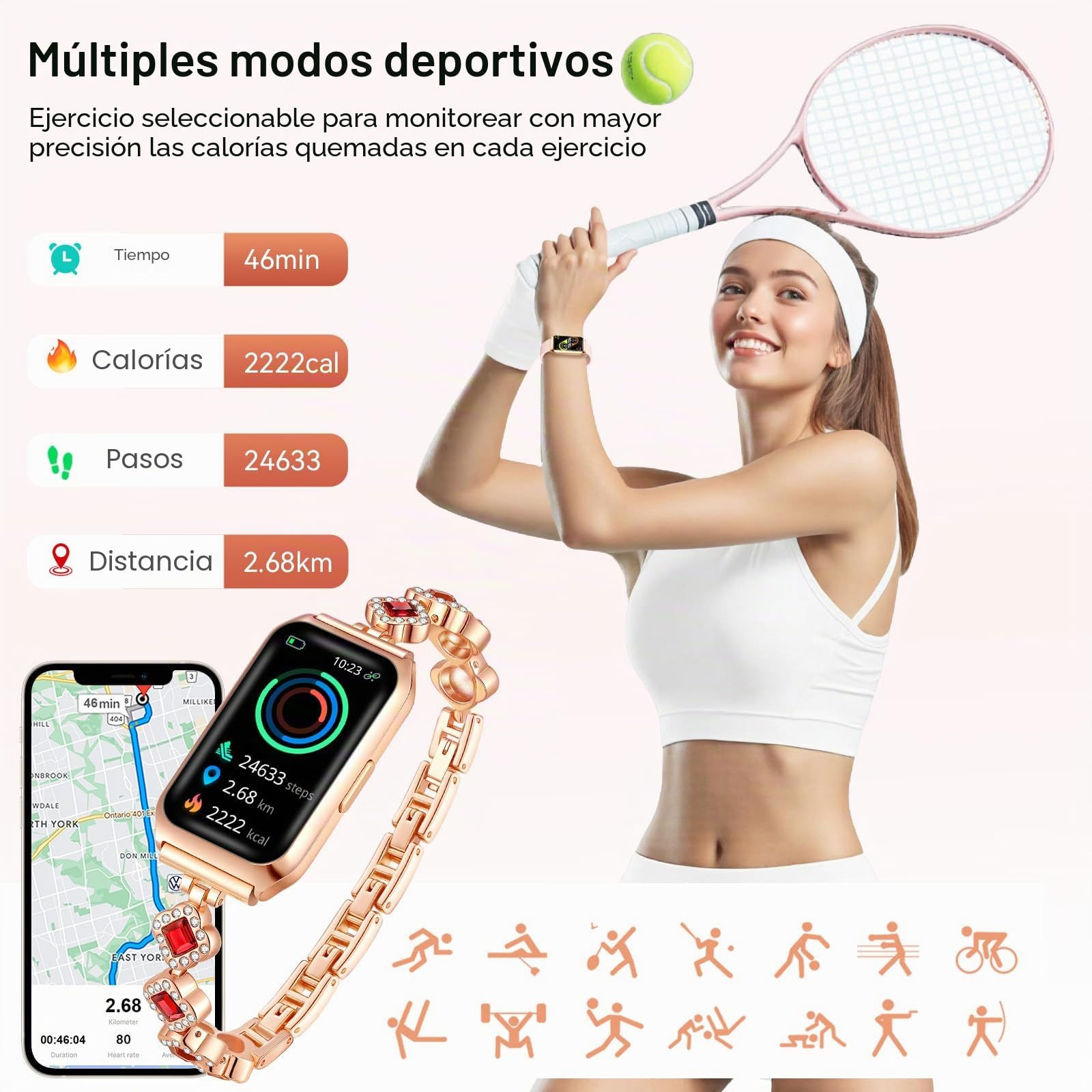 Reloj Inteligente Mujer, 1.47" Smartwatch Mujer Deportivos IP68 Impermeable Relojes Monitor de Ritmo/Sueño/SpO2 Podómetro para Android iOS