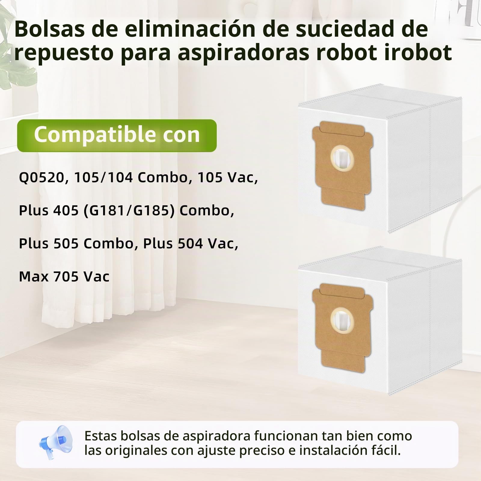 iRobot Roomba Bolsas de Aspiradora Compatibles Mini Combo Q0520 104/105 405/504/505 Max 705 Vac Clean Base Essential Serie