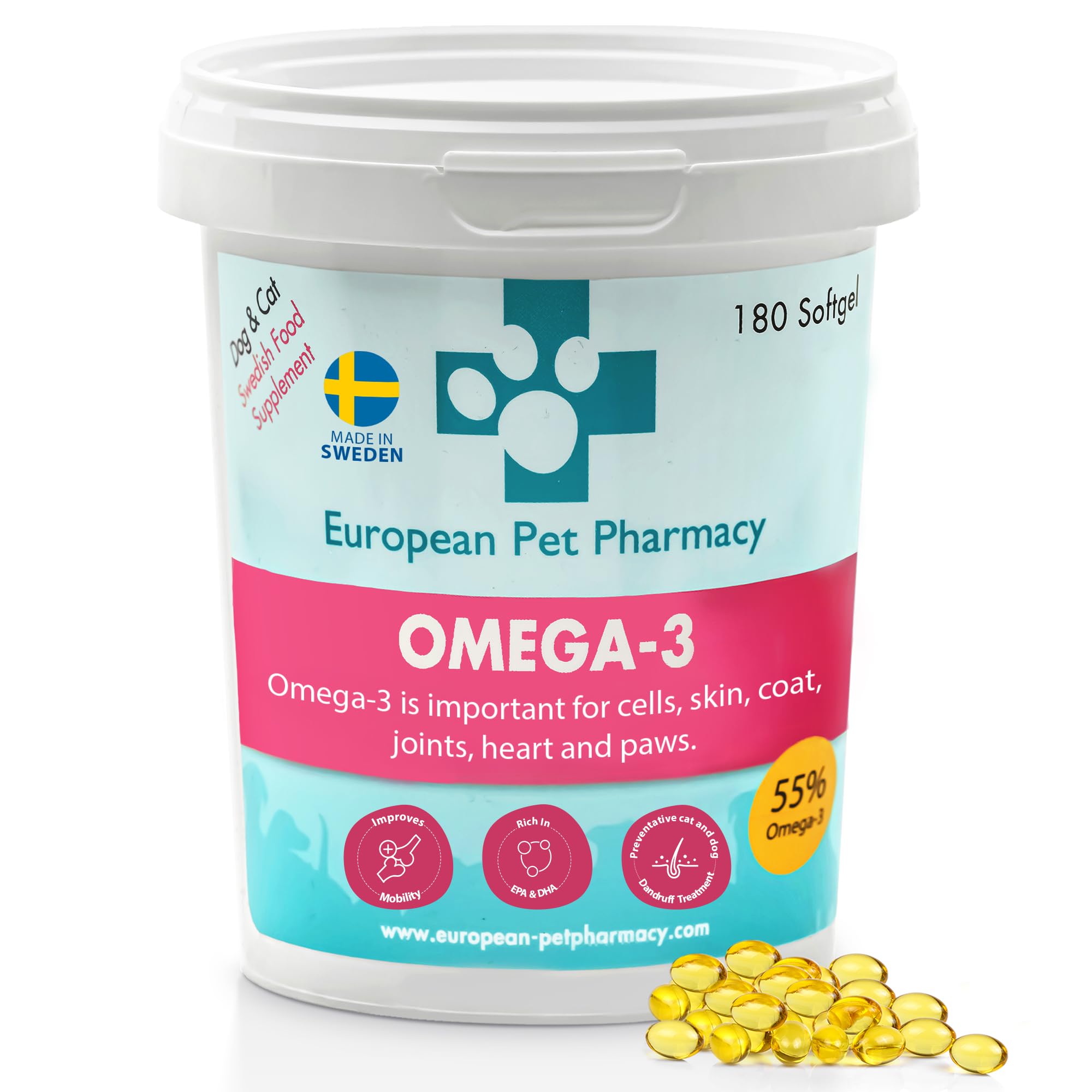 European Pet PharmacyOmega 3 Fish Oil for Dogs/Cats — Dog Joint Supplements — Cat Joint Supplement for Itchy Dog Skin Relief —Mobility, 180 soft gels