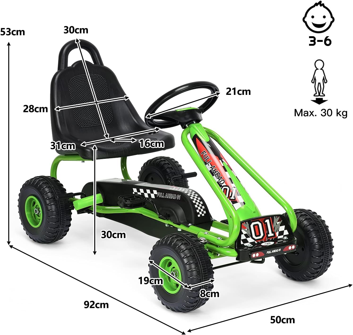 RELAX4LIFE Go Kart para Niños Con Freno de Mano y Asiento Ajustable, Coche de Pedales Con Ruedas Antideslizantes, 3-6 Años, Regalo, Carga 30kg (Verde)