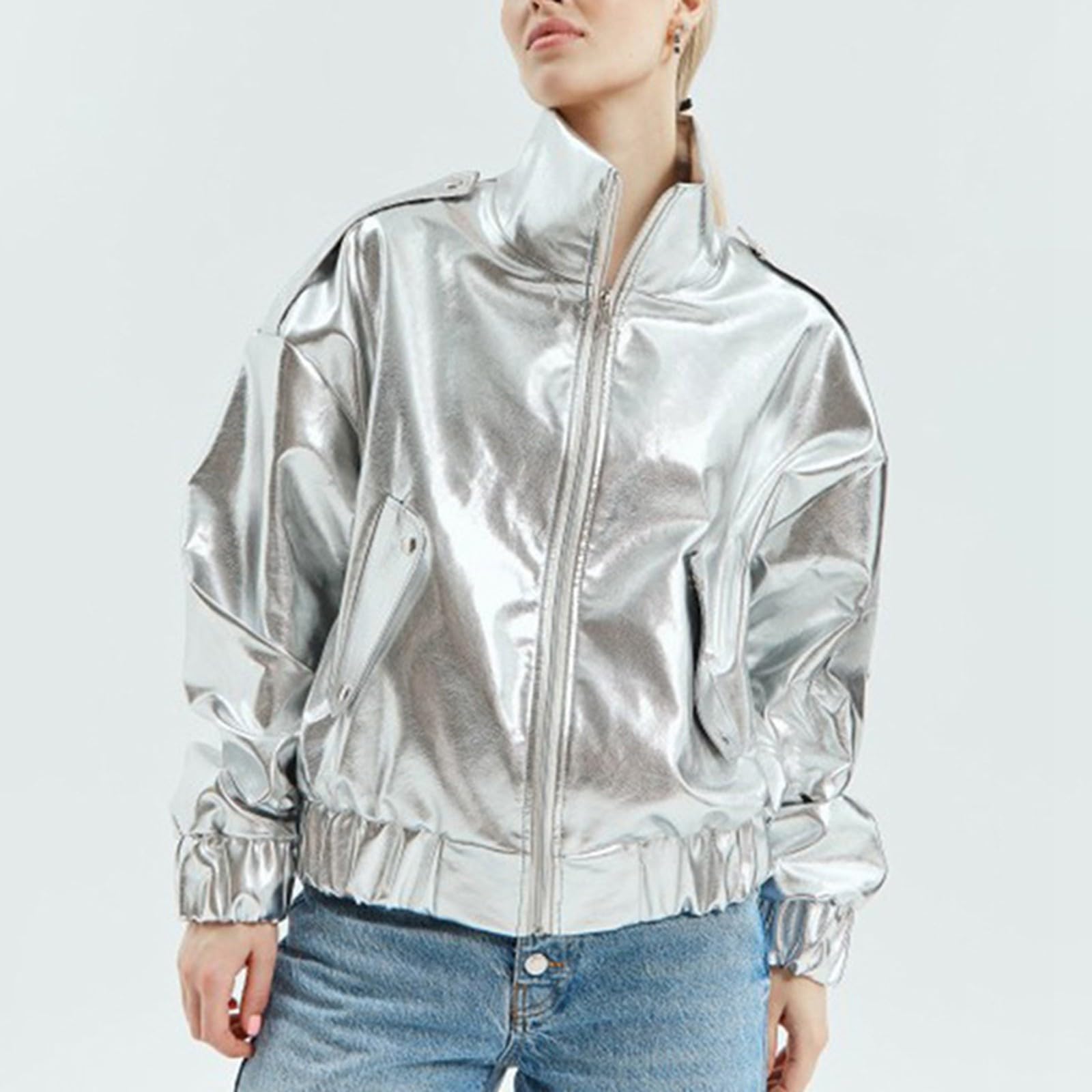 Damen Weihnachten Glitzer Jacke Langarm Holografisch Glänzend Metallic Party Revers Pailletten Jacke