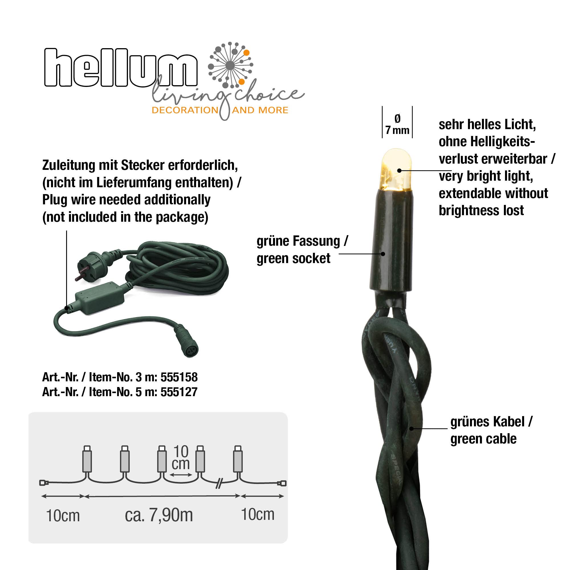 Hellum 555042 LED zestaw przed?u?aj?cy, 80 diod LED, ciep?a biel, 8,1 m, do ?a?cucha ?wietlnego LED 555011 + 55035, mo?liwo?? rozbudowy do 1000 diod LED, do wewn?trz i na zewn?trz, zielony