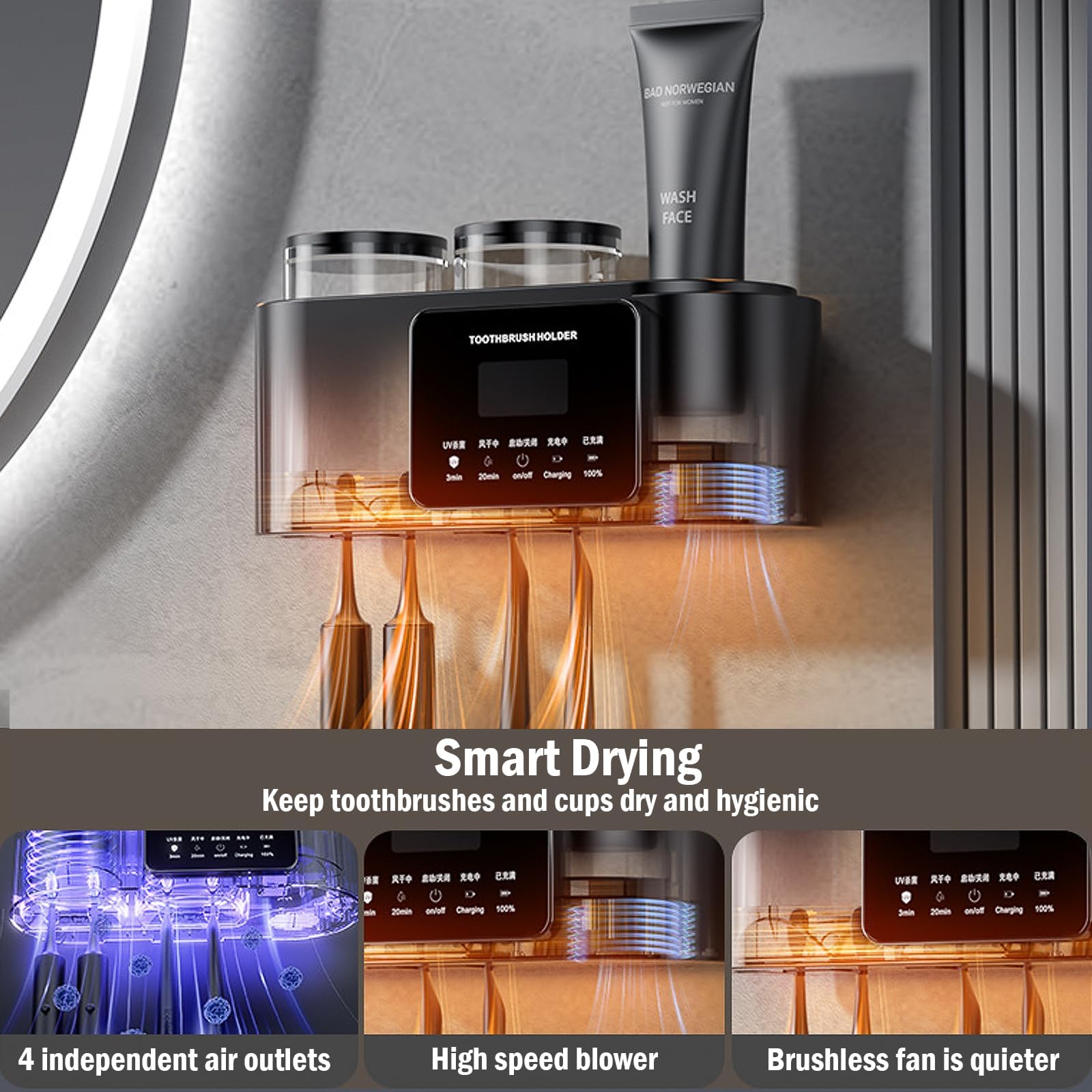 Toothbrush Holder Multi-Function, Electric Toothbrush Holders Wall Mounted with Smart Drying & Cleaning, Toothbrush Holders with Solar Charging, Toothbrush Organizer with 2 Cups 4 Brush Slots (Black)