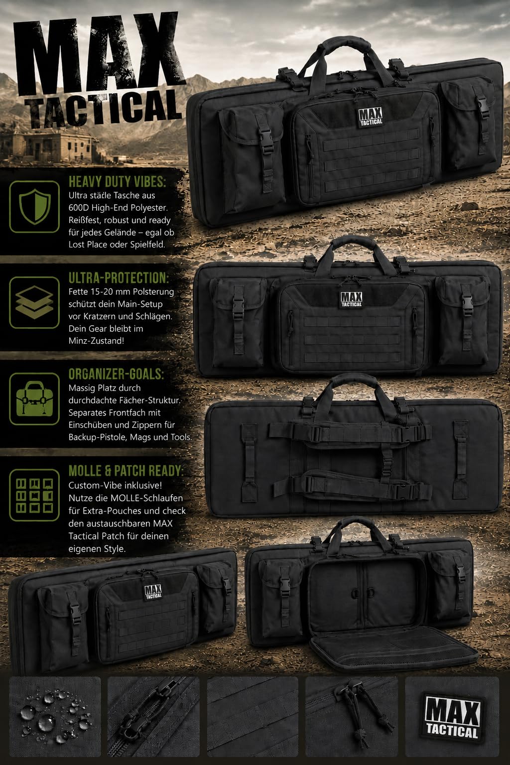 Heavy Duty Deluxe Gewehrtasche – Single & Double Rifle Bag, taktisches Langwaffen-Futteral gepolstert mit Seitenfächern & Wabenschaum, für Zubehör