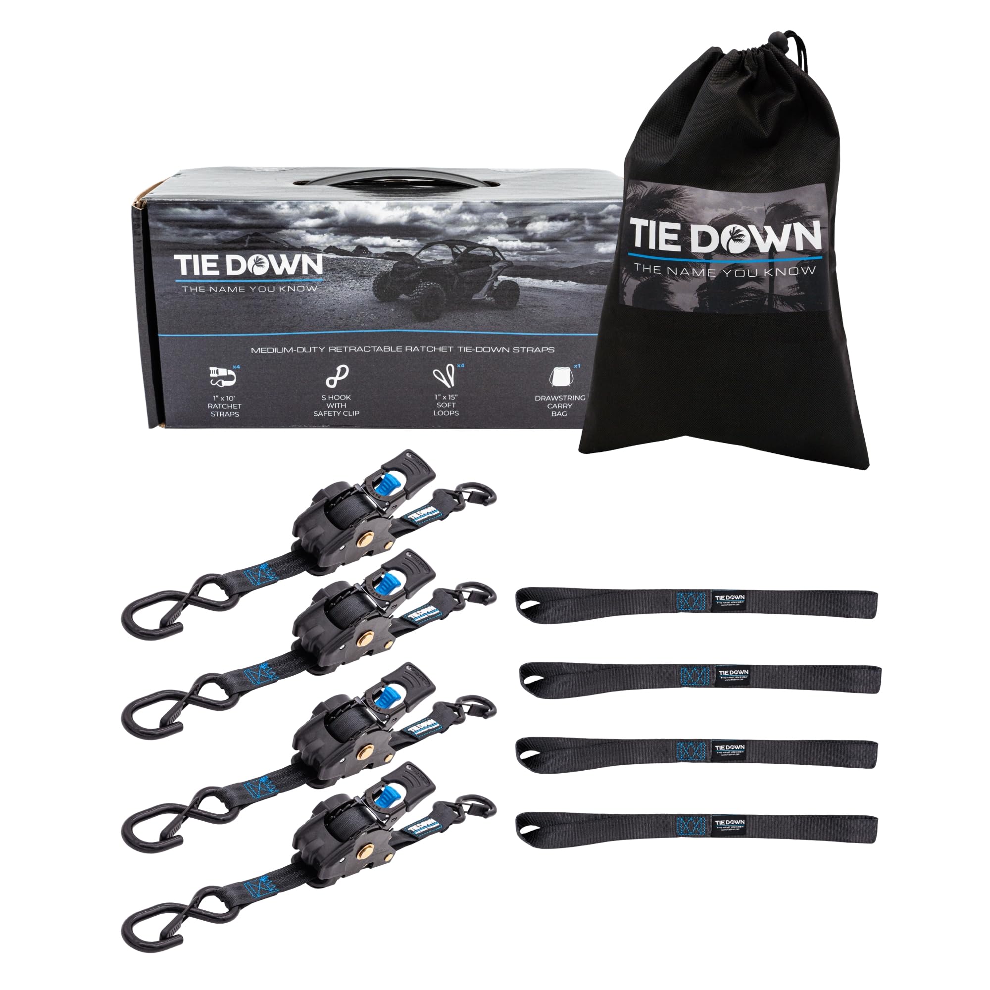 Tie Down 4 Black Retractable Ratchet Straps -Self Retractable Tie Down Straps with 4 Soft Loops & Storage Bag for Motorcycle, Truck, Trailer, Cargo Van | 1200 Lb Break Strength 1" x 10"
