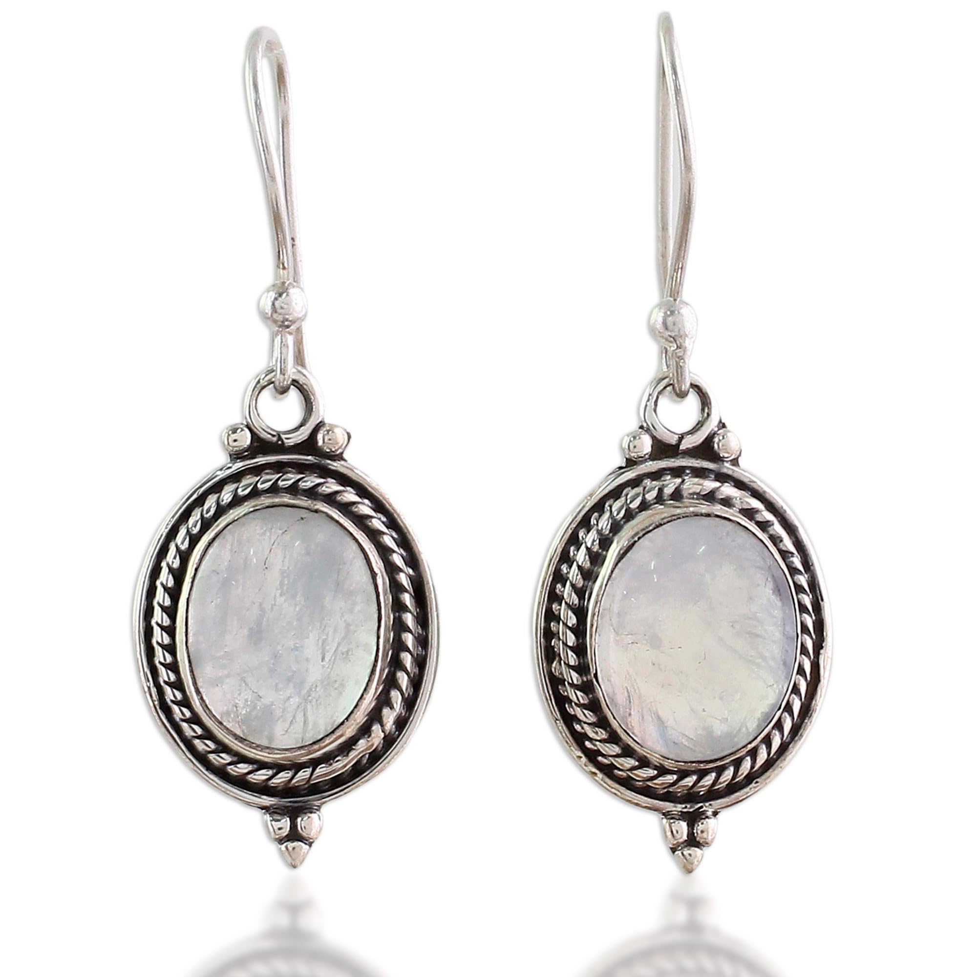 NOVICA Artisan Handmade Rainbow Moonstone Dangle Earrings Sterling Silver India Clear [1.3 in L x 0.5 in W x 0.2 in D] ' Moonlit Charm'