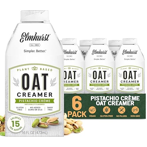Elmhurst 1925 Pistachio Crème Oat Creamer - 16 Ounce (Pack of 6) Dairy-Free, Vegan, Kosher, Low Sugar, Shelf Stable Creamer Made with Oat Grains & Pistachios for Simpler Plant Based Alternatives