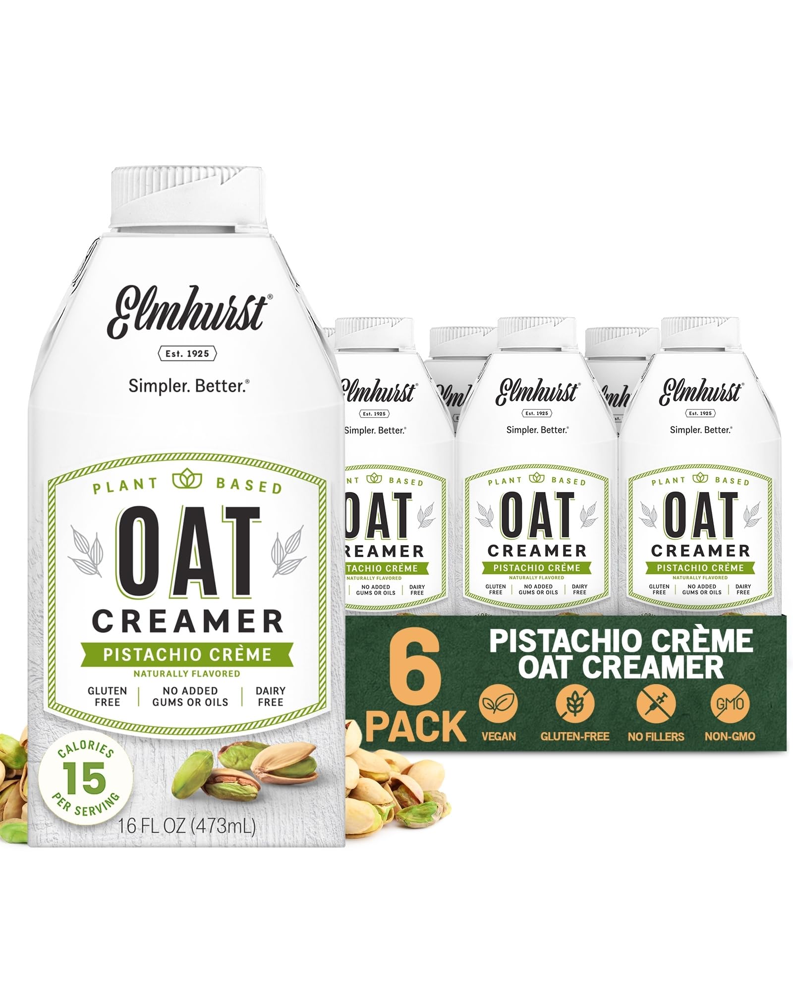 Elmhurst 1925 Pistachio Crème Oat Creamer - 16 Ounce (Pack of 6) Dairy-Free, Vegan, Kosher, Low Sugar, Shelf Stable Creamer Made with Oat Grains & Pistachios for Simpler Plant Based Alternatives