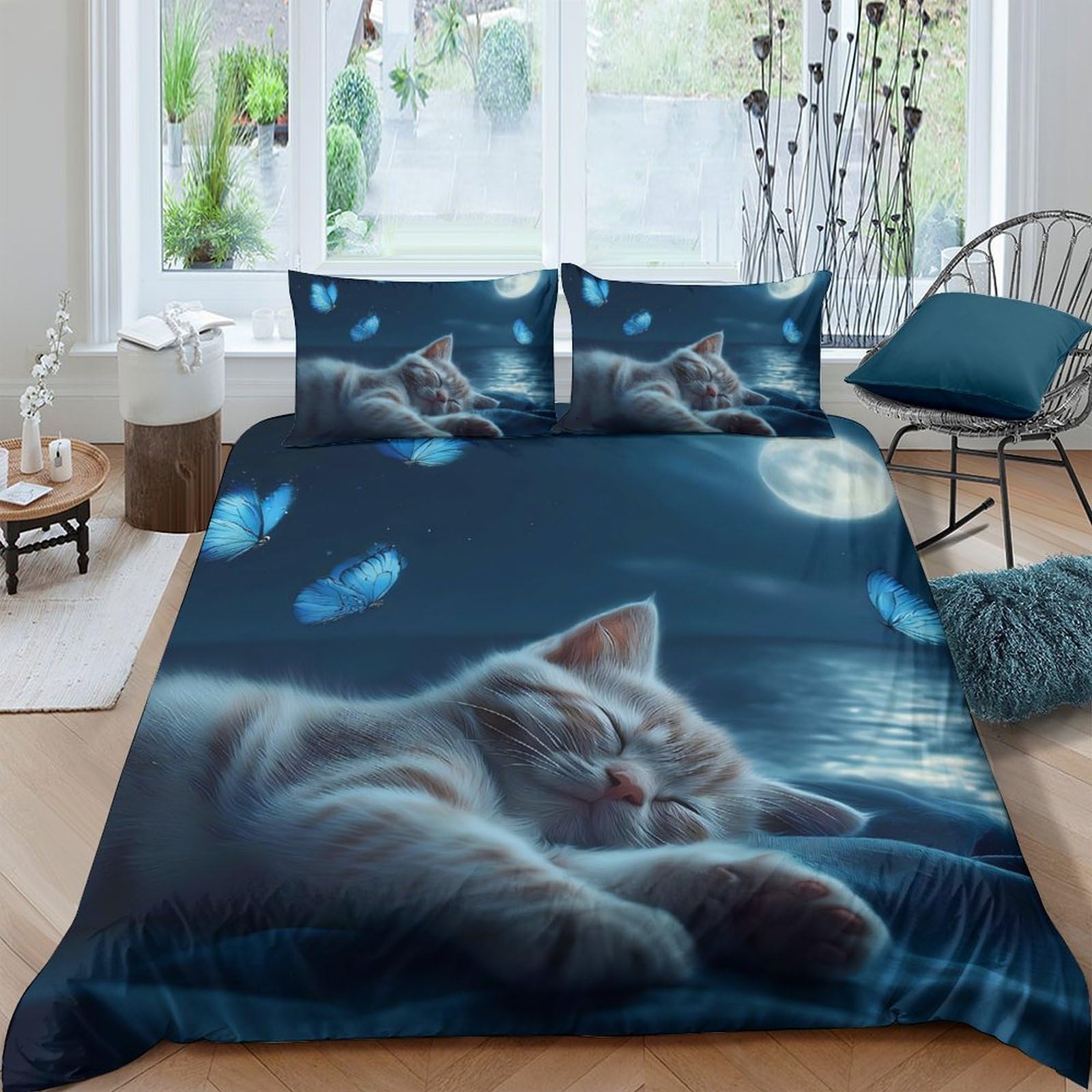 Ctjqhvkz Style-7 3D Printed Sleeping Cat Fitted Sheet Microfiber Moonlight Bed Cover For Bedroom Dorm Decor Mattress Protection Single（135X200cm）
