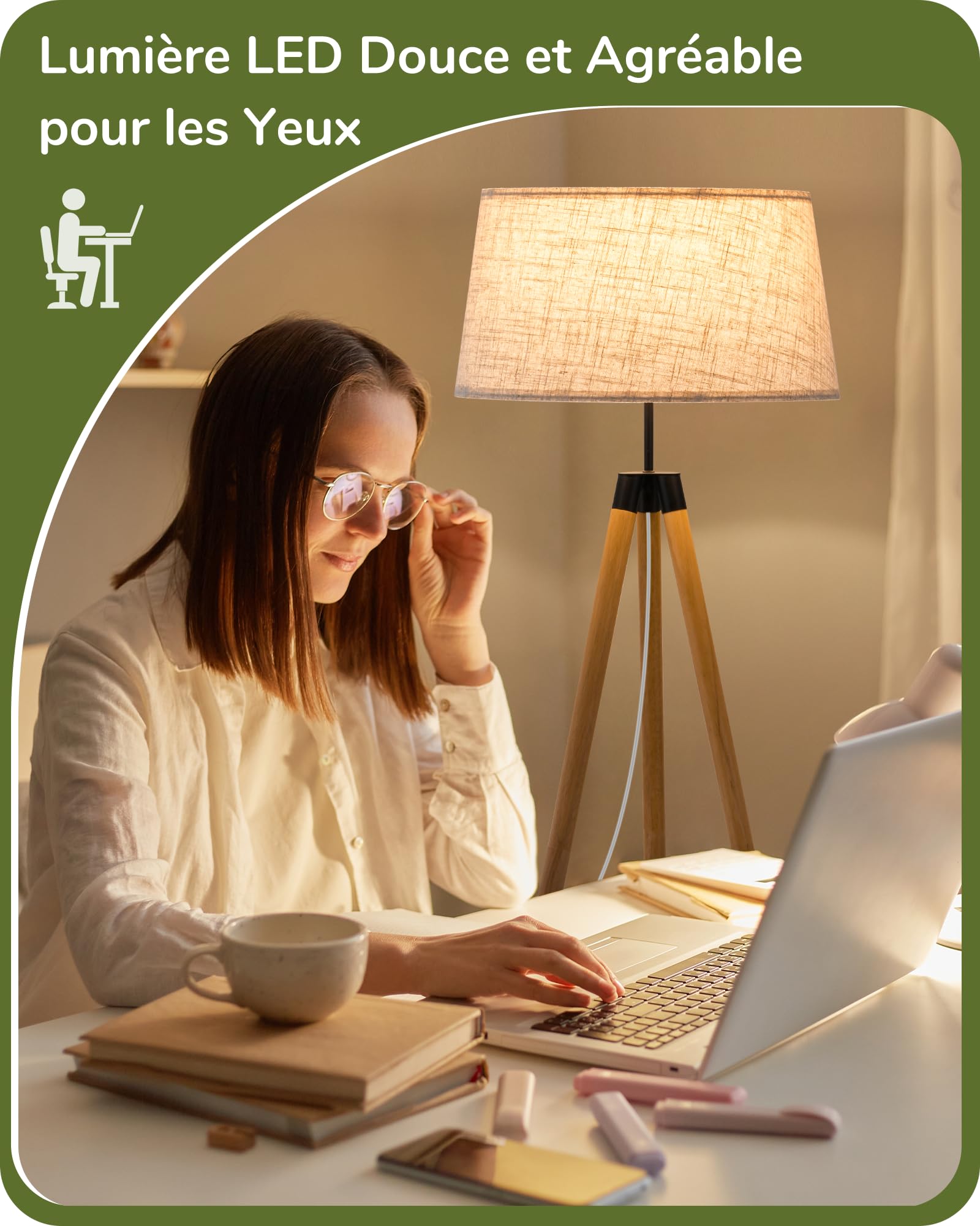 EDISHINE Lampadaire Trépied en Bois, Luminosité & Température de Couleur Variables en Continu, Contrôle par Télécommande ou Pédale, Abat-jour en Lin, Luminaires intérieur pour Salon, Chambre