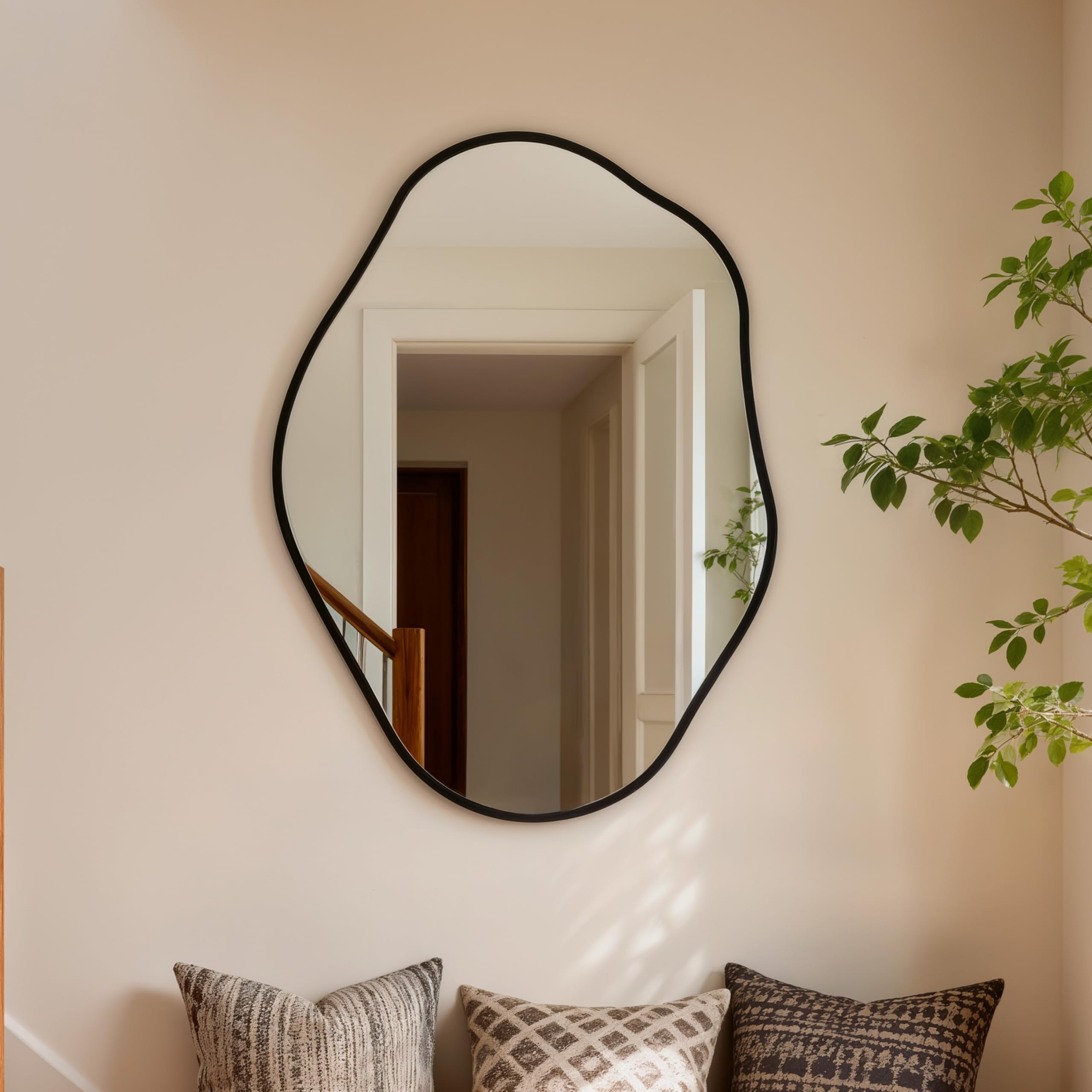 Espejo de Pared Irregular Asimétrico 60x80cm, Espejos Decorativos de Pared Único, Espejo Baño Irregular para Baño Dormitorio Sala de Estar Entrada, Negro