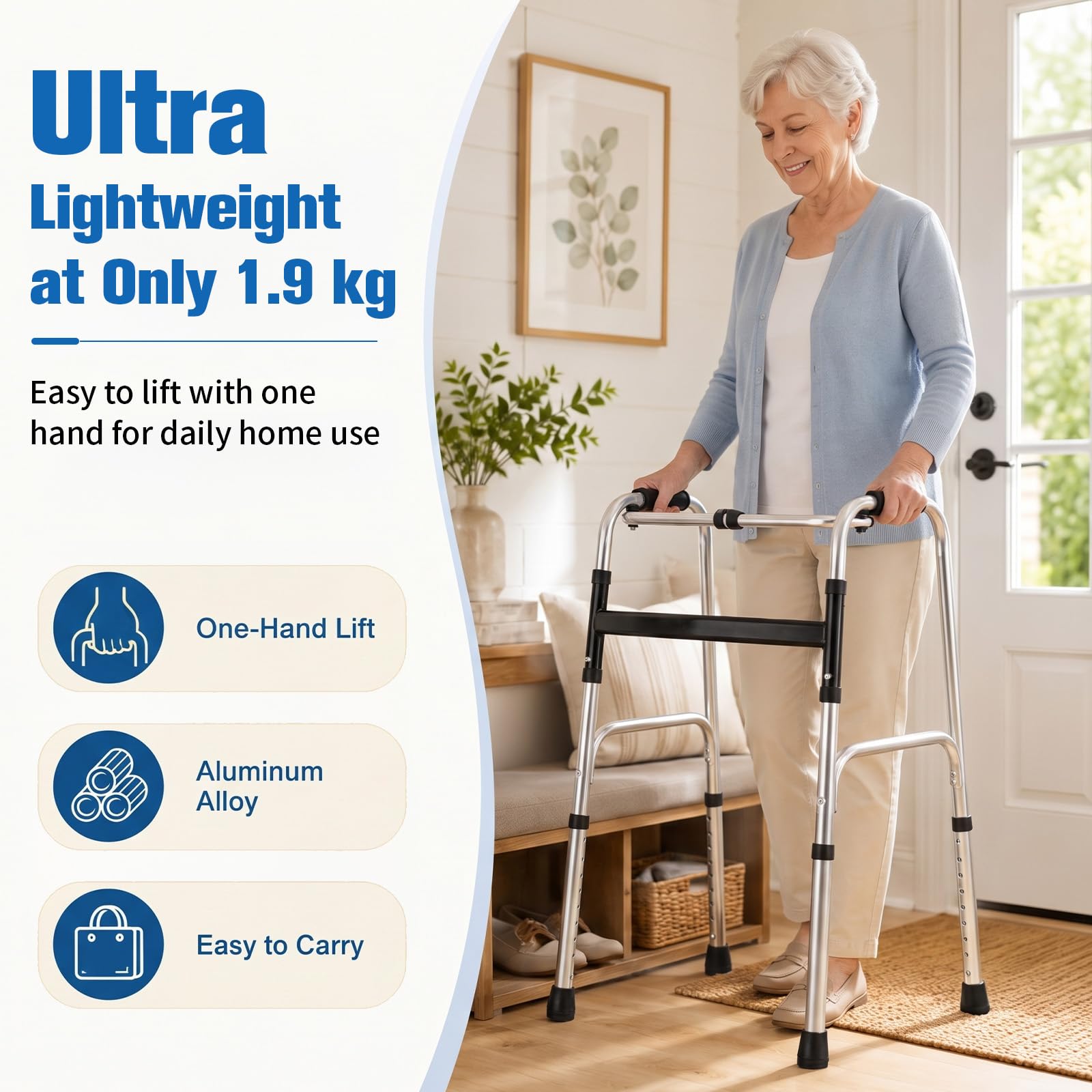 Faltbarer Gehbock für Senioren — 6-fach höhenverstellbare (70-82 cm) Gehhilfe aus Aluminium, Rutschfeste Gummifüße Gehgestell bis 150 kg, Schmal 50 cm, Ergonomischen Griffen, für Wohnung und Unterweg