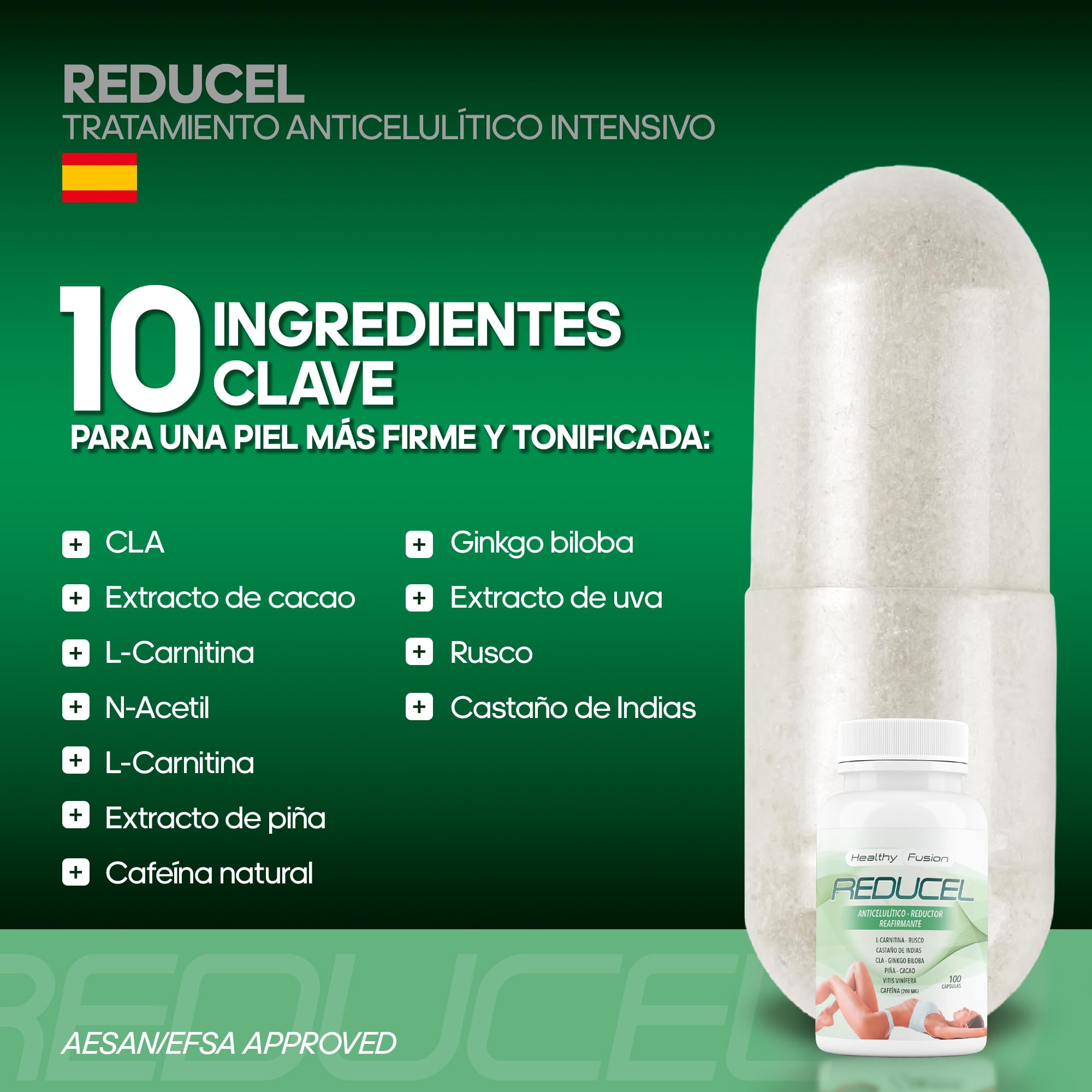 Reducel Potente Reafirmante Anticelulítico 100 Cápsulas L-Carnitina Cafeína CLA