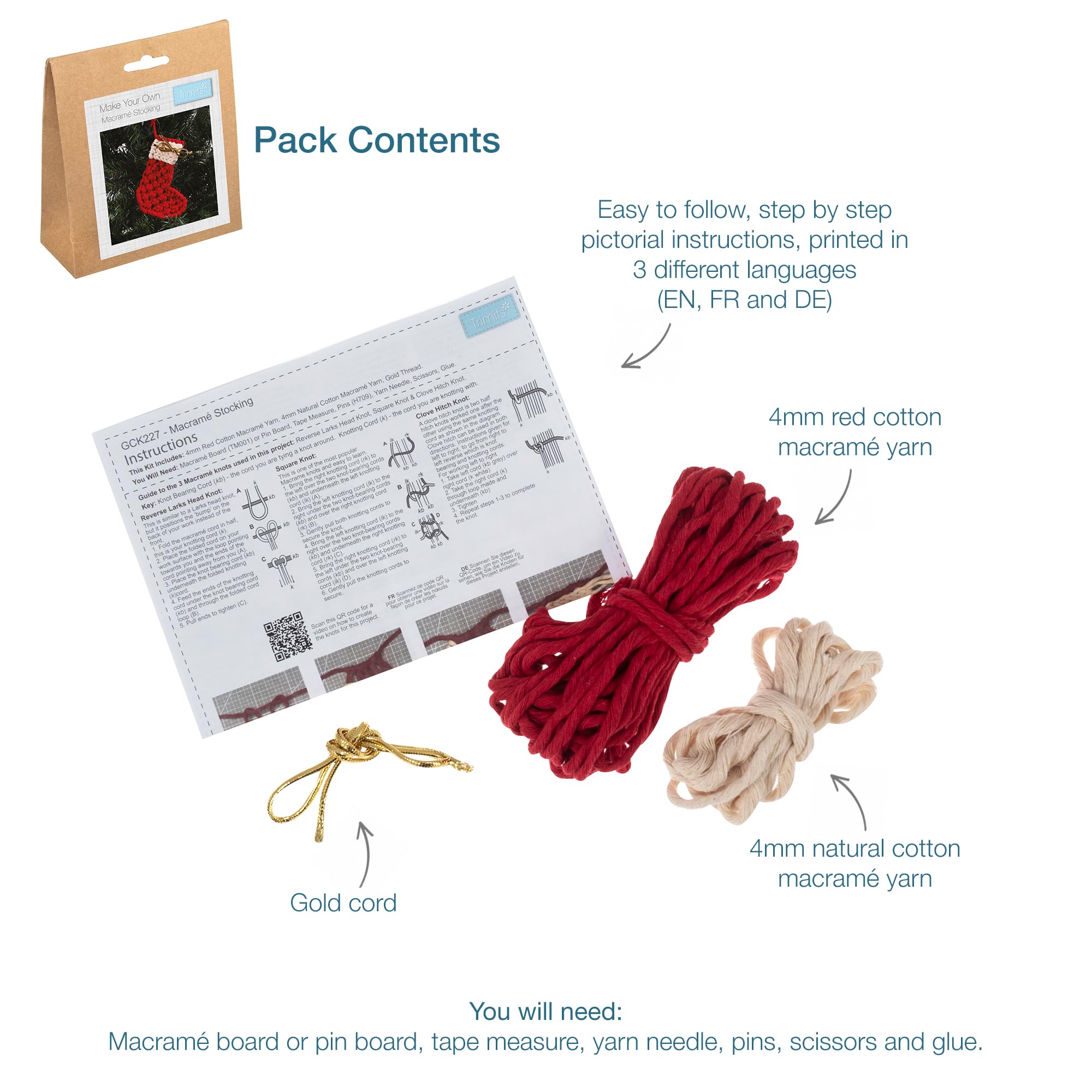 Trimits Make Your Own Macramé Decoration Kit, Christmas Stockings, 13 x 10cm - Image 3