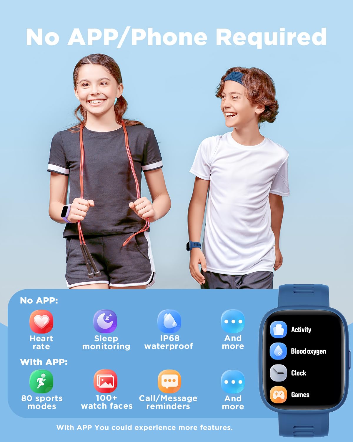 Reloj inteligente para niños, 1.8 pulgadas, podómetro, frecuencia cardíaca, impermeable IP68, monitor de sueño, contador de pasos de calorías, 5 juegos de rompecabezas con/sin aplicación 2