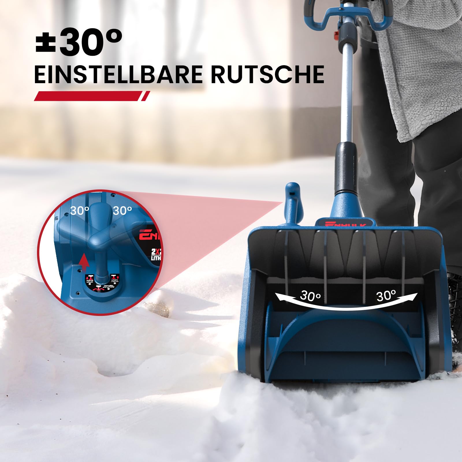 Enhulk Schneefräse 2x20V, 35cm Arbeitsbreite, 20cm Räumhöhe, 8m Wurfweite, ±30° Verstellbare Wurfrichtung, Akku-Schneeschaufel Mit Zusatzhandgriff (Inkl. 2x4Ah Akku & 2,2A Doppelladegerät)