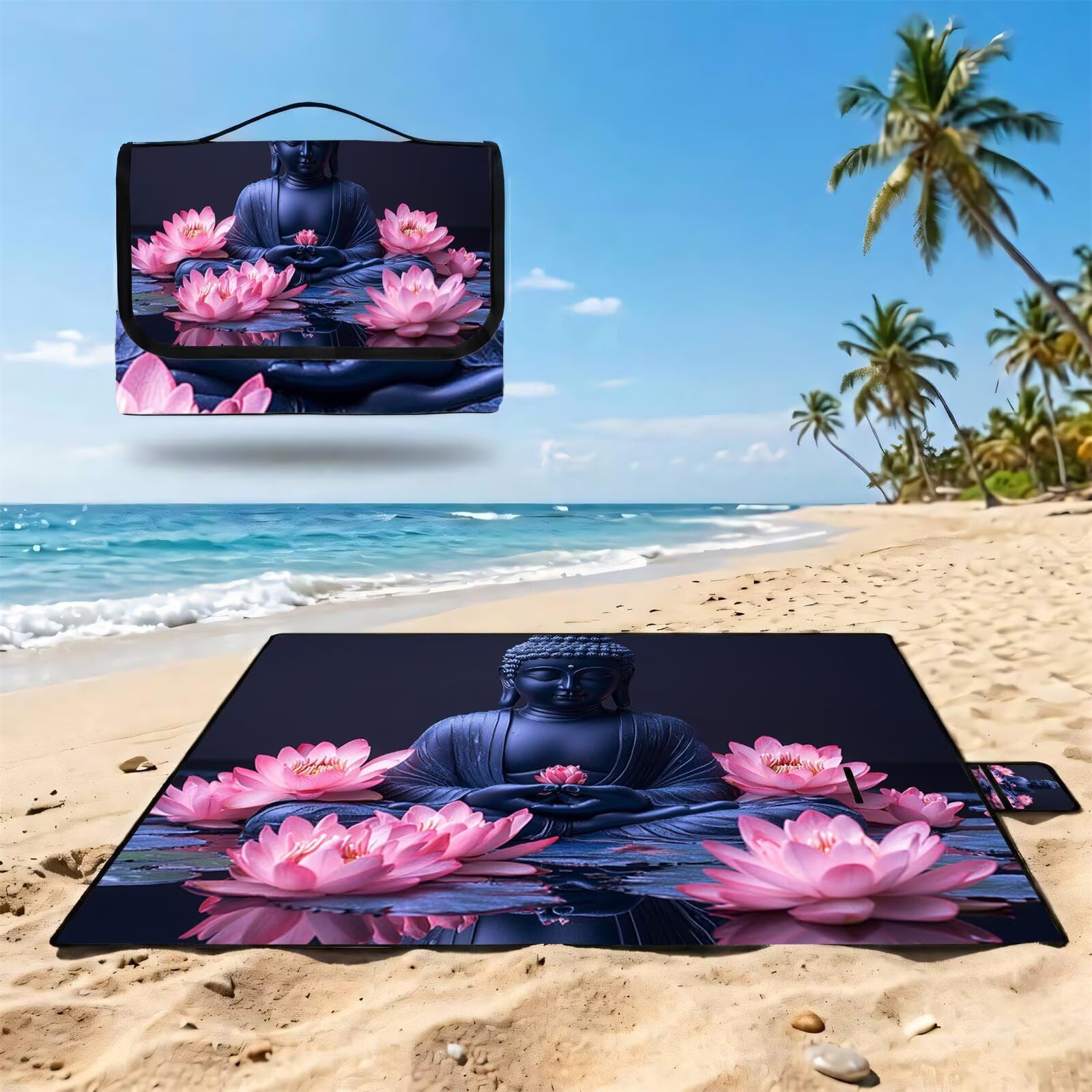 Couverture de Pique-Nique Grande 200x300cm,Outdoor Couverture Imperméable,Pliable Tapis de Plage Dos en PVC Anti-Sable,Picnic Blanket pour Camping Accessoires,Jardin,Parc,Famille - Bouddha,noir UZ-621