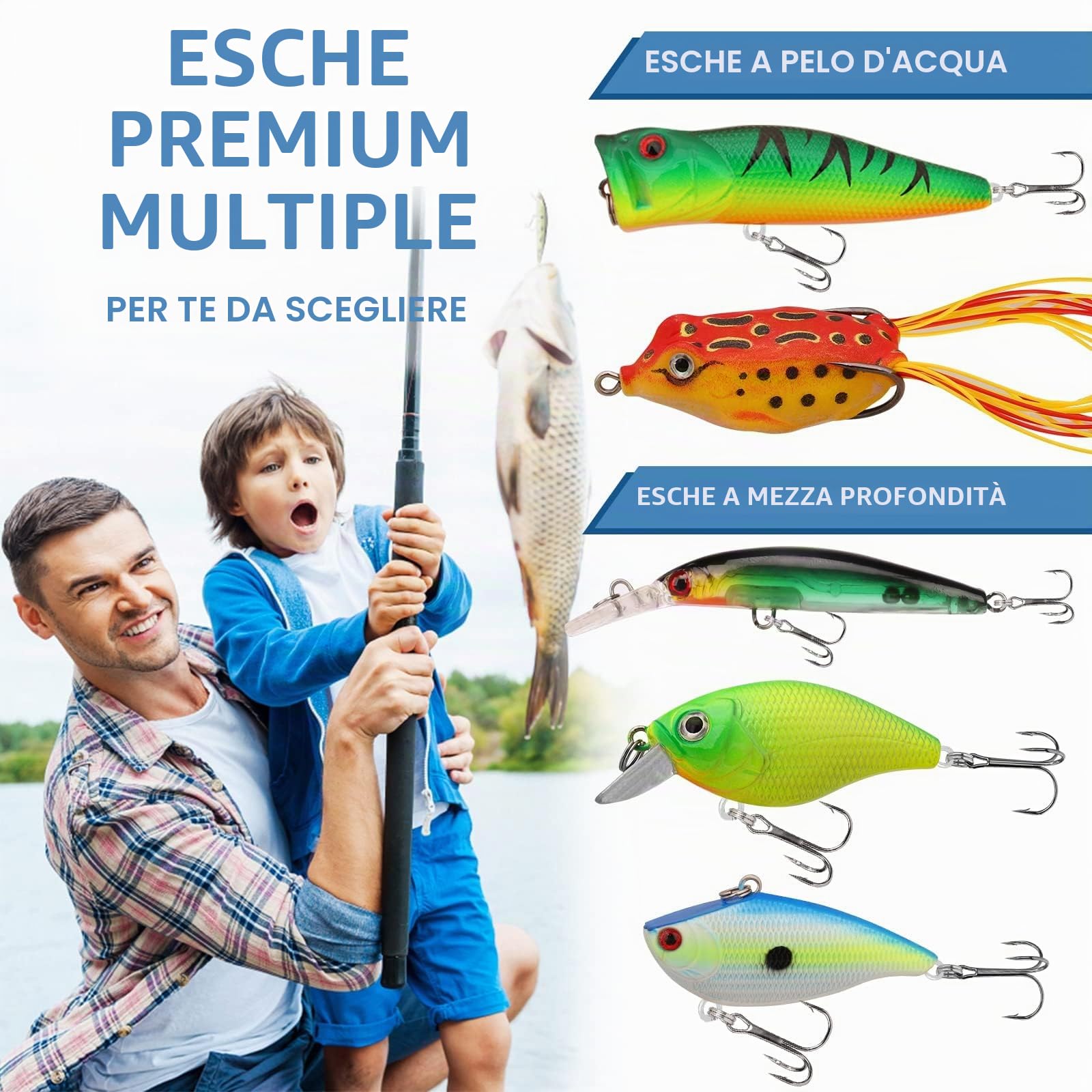 TRUSCEND Set di Esche da Pesca con Scatola per Luccio, Spigola, Trota, Sgombro, Kit di Accessori per la Pesca in Mare, Include Esche in Plastica Morbida, Esche Spinnerbaits, Crankbait, Testa
